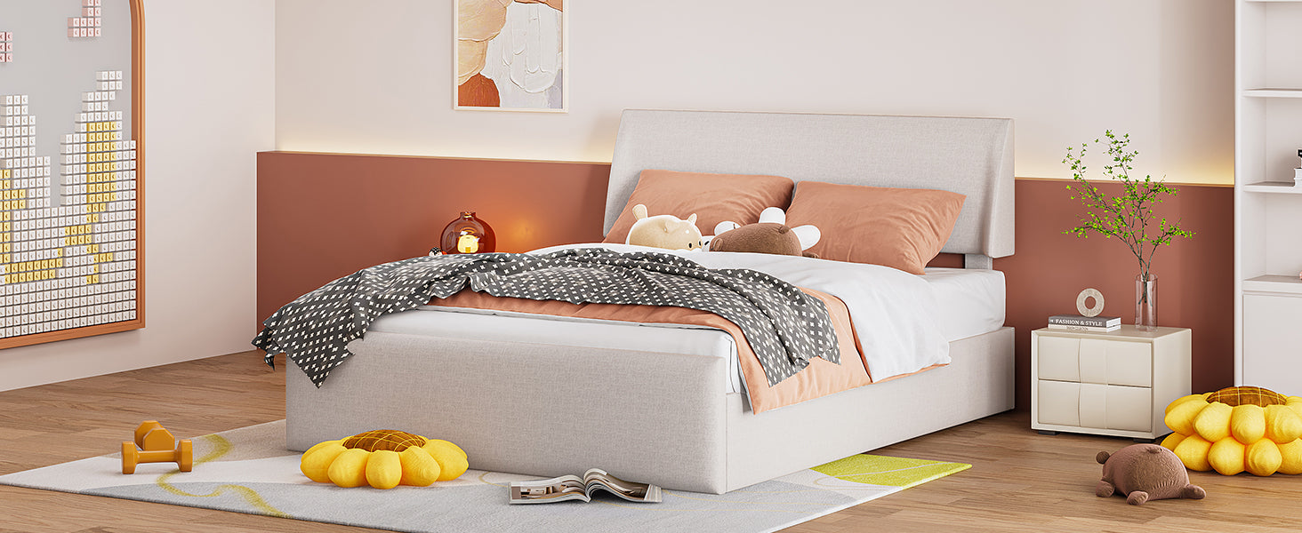 Queen Size Sleigh Bed with Side-Tilt Hydraulic Storage System, Linen Upholstery, Beige - Atlantic Fine Furniture Melbourne FL