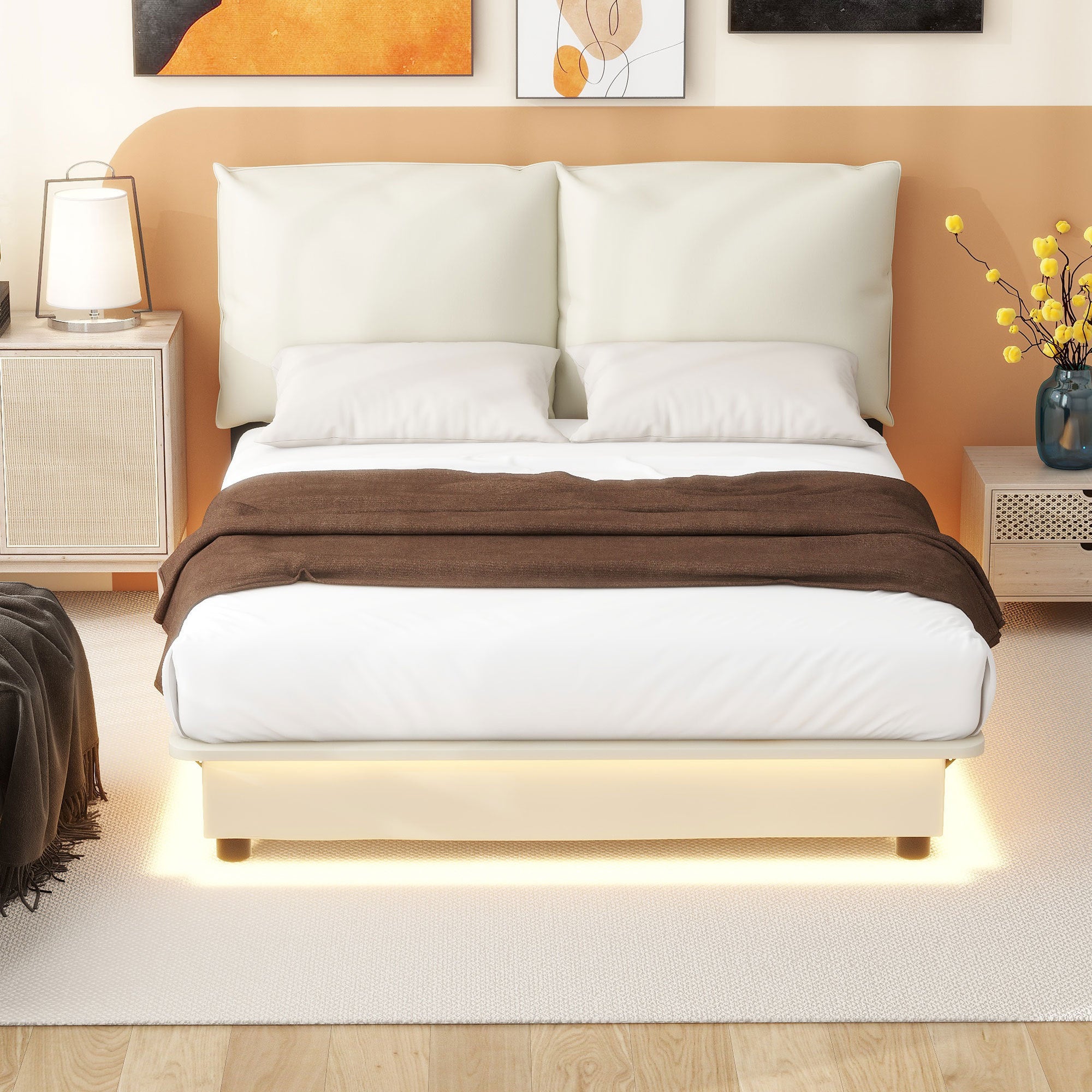 Full Size Upholstered Platform Bed with Sensor Light and Ergonomic Design Backrests, White - Atlantic Fine Furniture Melbourne FL
