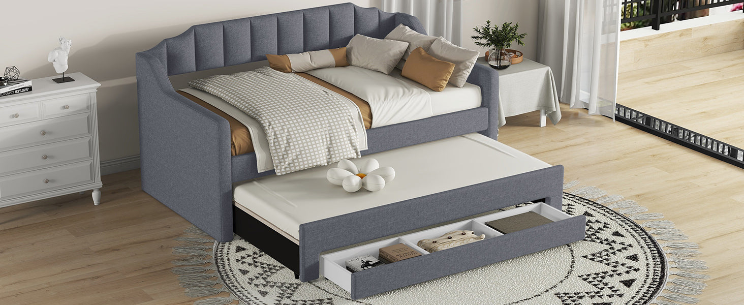 Twin Size Upholstered Daybed with Trundle and Three Drawers,Gray - Atlantic Fine Furniture Melbourne FL