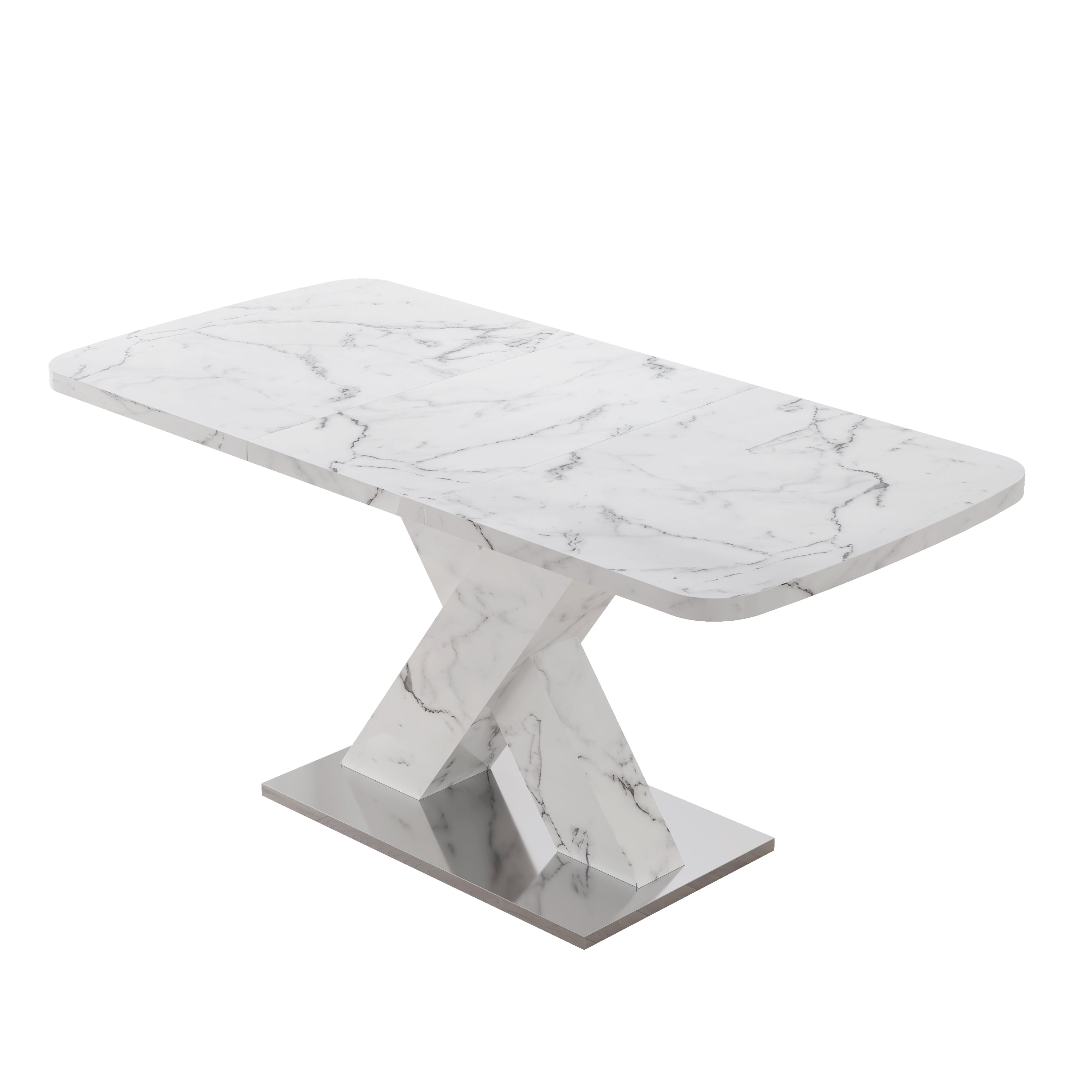 Modern Square Dining Table, Stretchable, with Printed White Marble Table Top+MDF X-Shape Table Leg with Metal Base