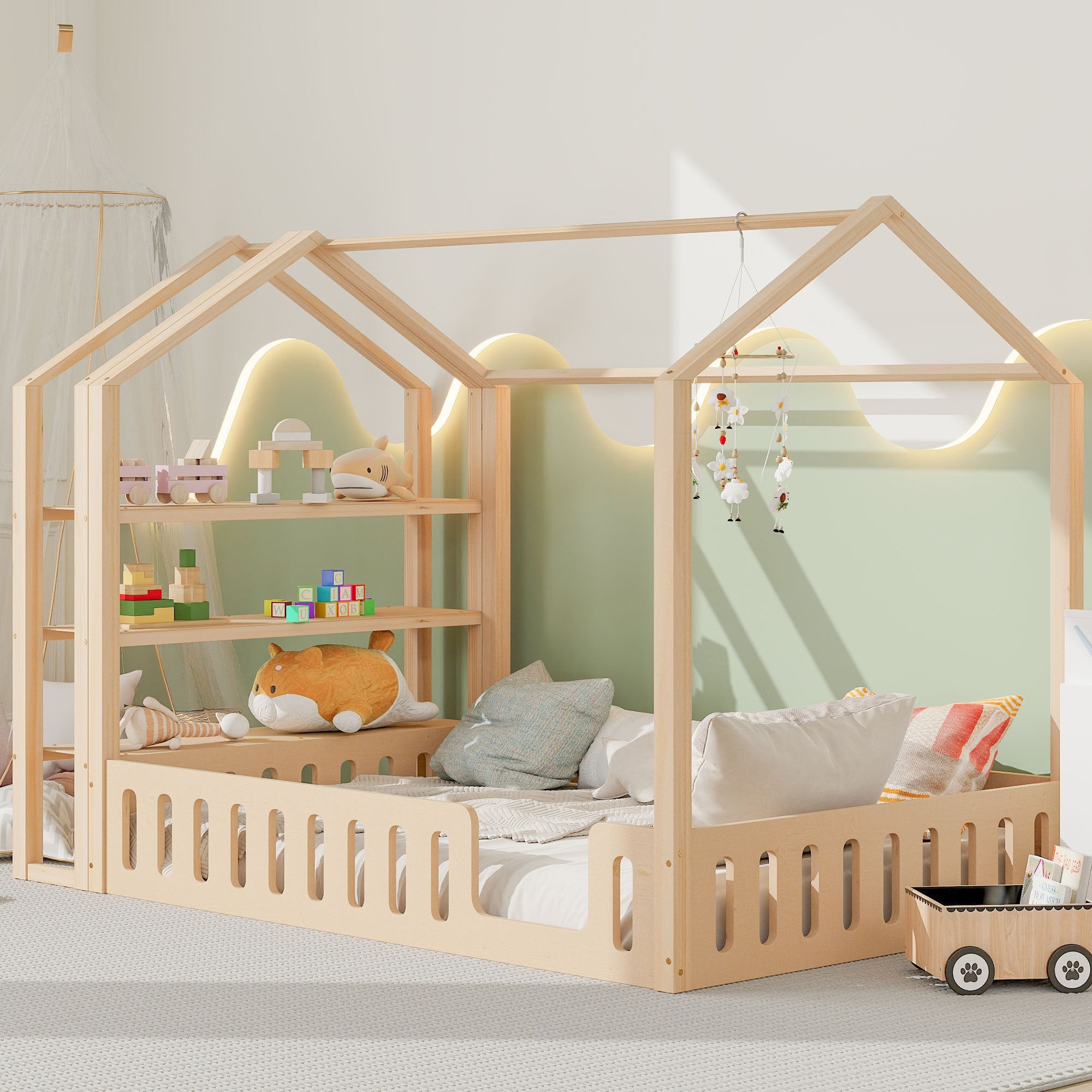Full Size Wood House Bed with Fence and Detachable Storage Shelves, Natural