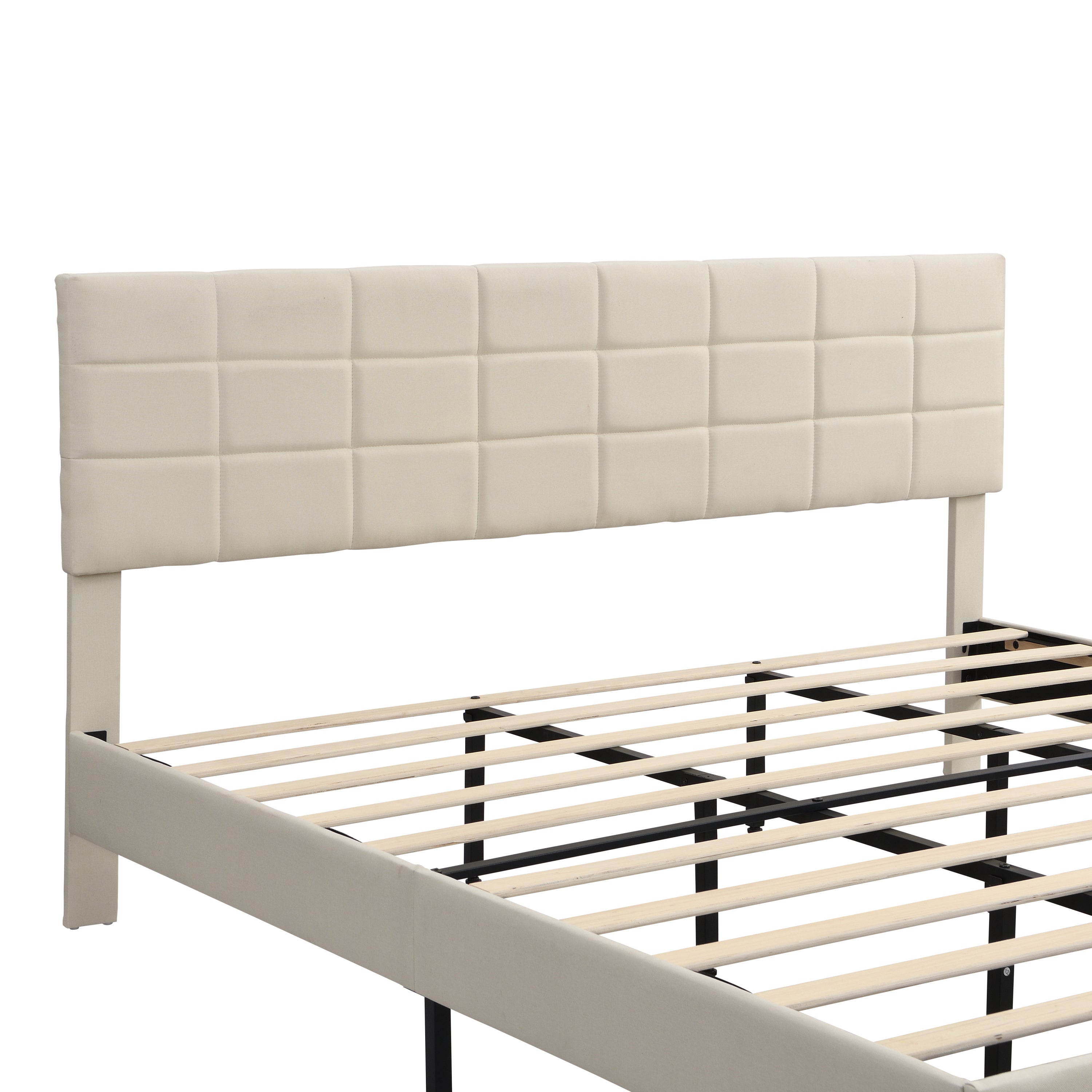 King Size Platform Bed Frame with Fabric Upholstered Headboard and Wooden Slats, No Box Spring Needed/Easy Assembly, Dark Beige - Atlantic Fine Furniture Melbourne FL