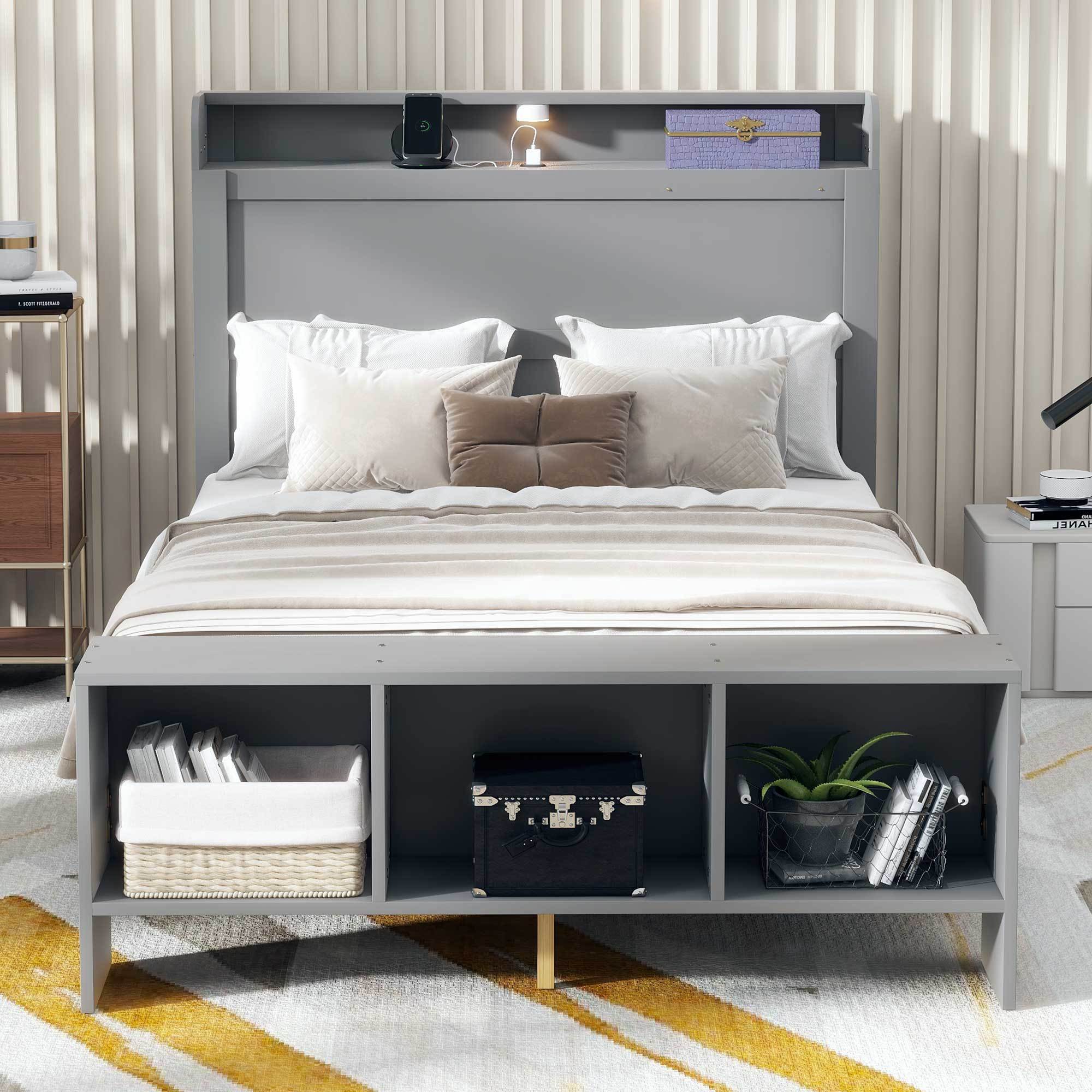 Full Size Platform Bed with built-in shelves, LED Light and USB ports, Gray - Atlantic Fine Furniture Melbourne FL