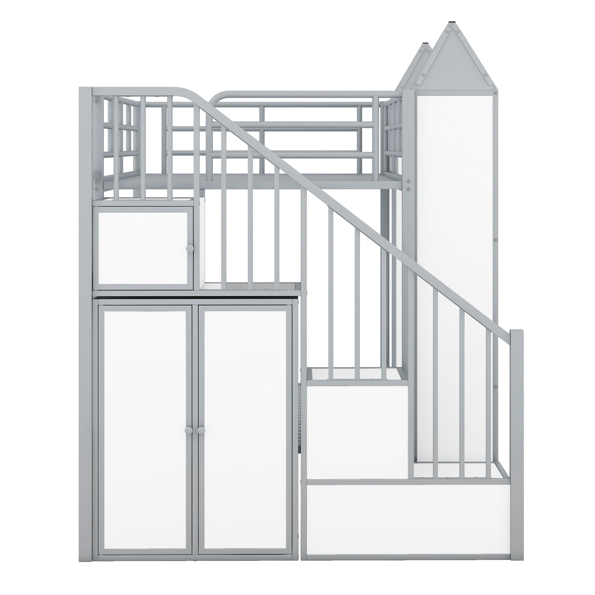 Metal Twin over Twin Castle-shaped Bunk Bed with Wardrobe and Multiple Storage, Gray+White - Atlantic Fine Furniture Melbourne FL
