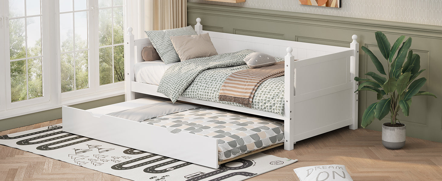 Twin Size Solid Wood Daybed with Trundle for Limited Space Kids, Teens, Adults, No Need Box Spring, White - Atlantic Fine Furniture Melbourne FL