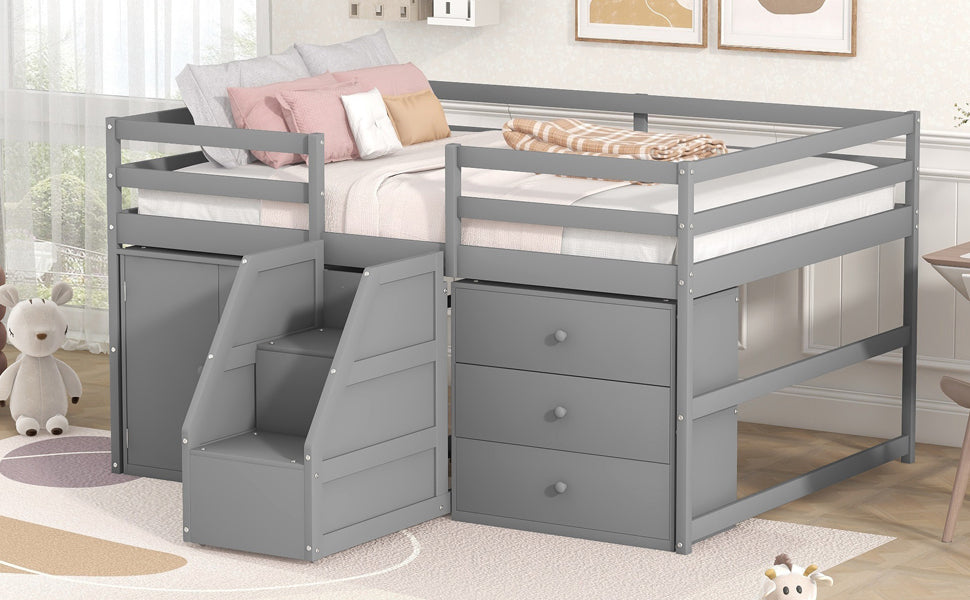 Full Size Functional Loft Bed with Cabinets and Drawers, Hanging Clothes at the back of the Staircase, Gray - Atlantic Fine Furniture Melbourne FL
