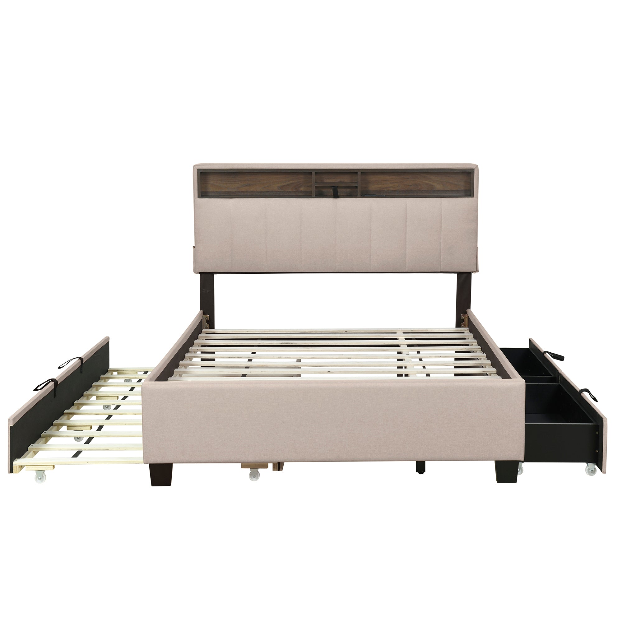 Full size Upholstered Platform Bed with Storage Headboard, Twin Size Trundle & 2 drawers and a set of Sockets & USB Ports, Linen Fabric, Beige - Atlantic Fine Furniture Melbourne FL
