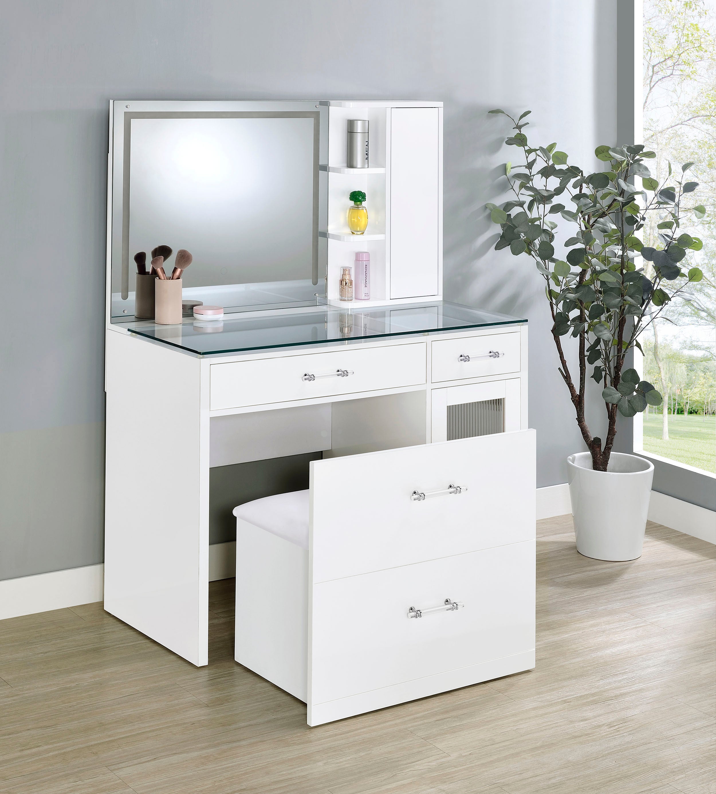 Flora 2-drawer Vanity Set with LED Mirror White High Gloss — view 3