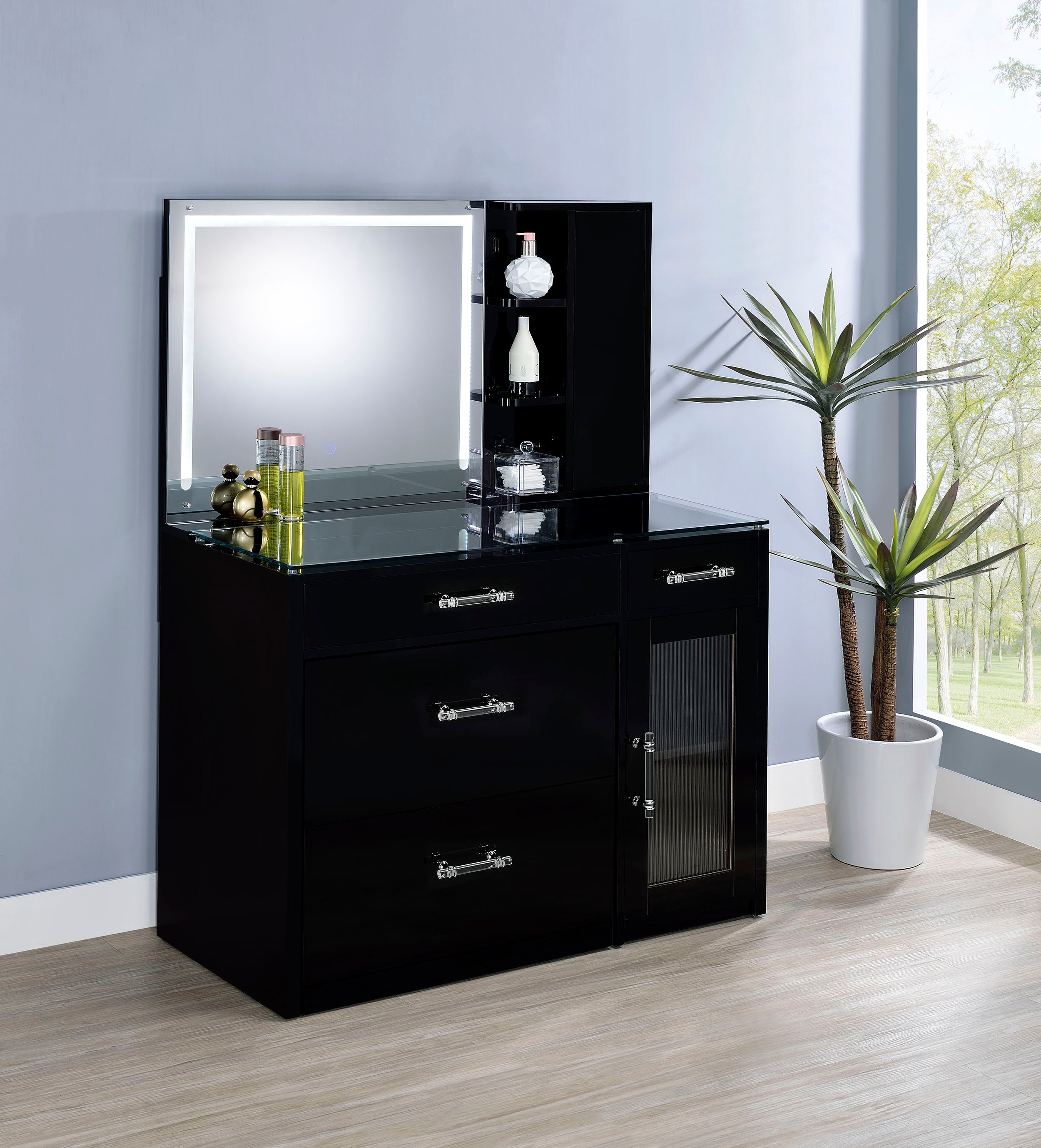 Flora 2-drawer Vanity Set with LED Mirror Black High Gloss — view 2