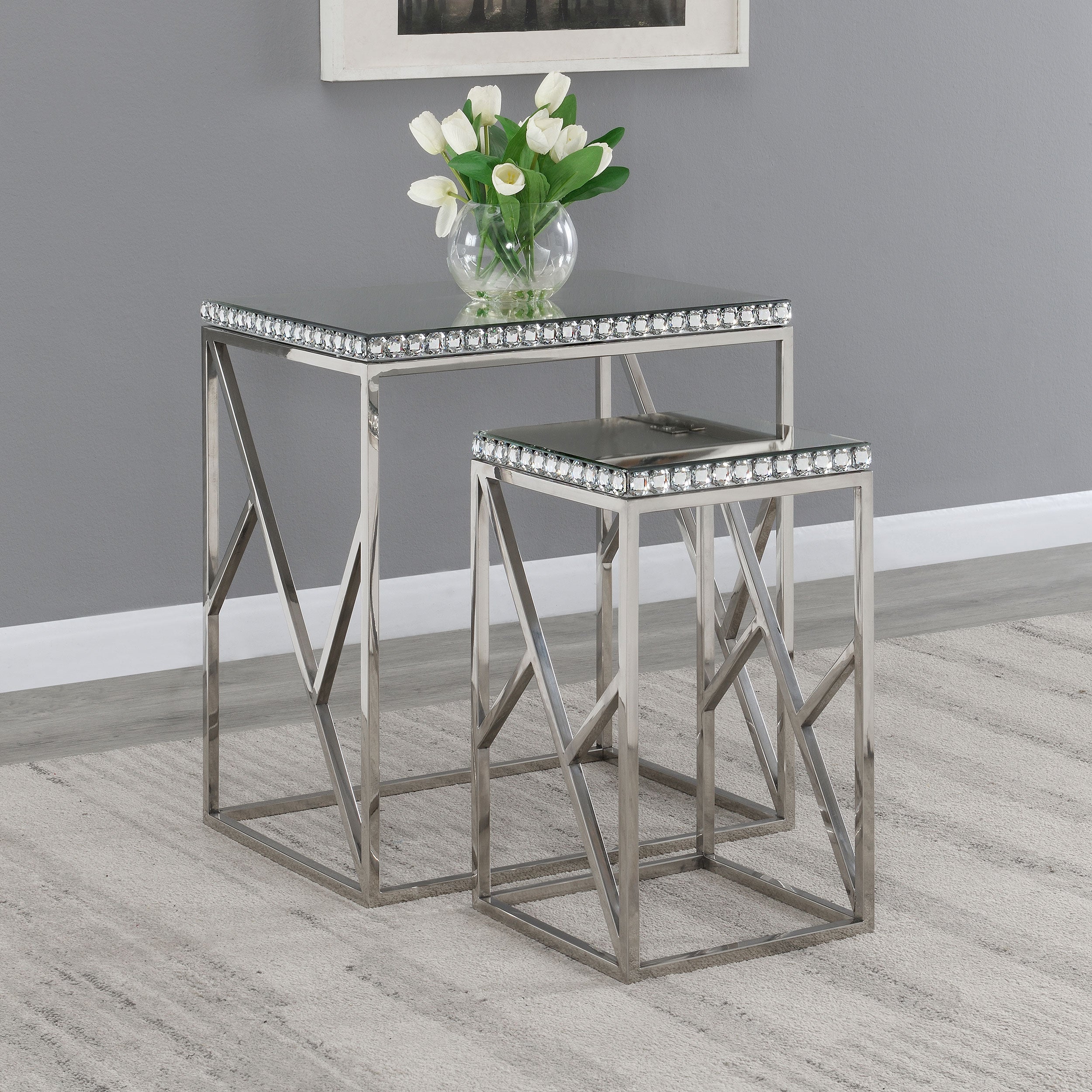 Betsy 2-piece Mirrored Stainless Steel Nesting Tables Silver — view 2