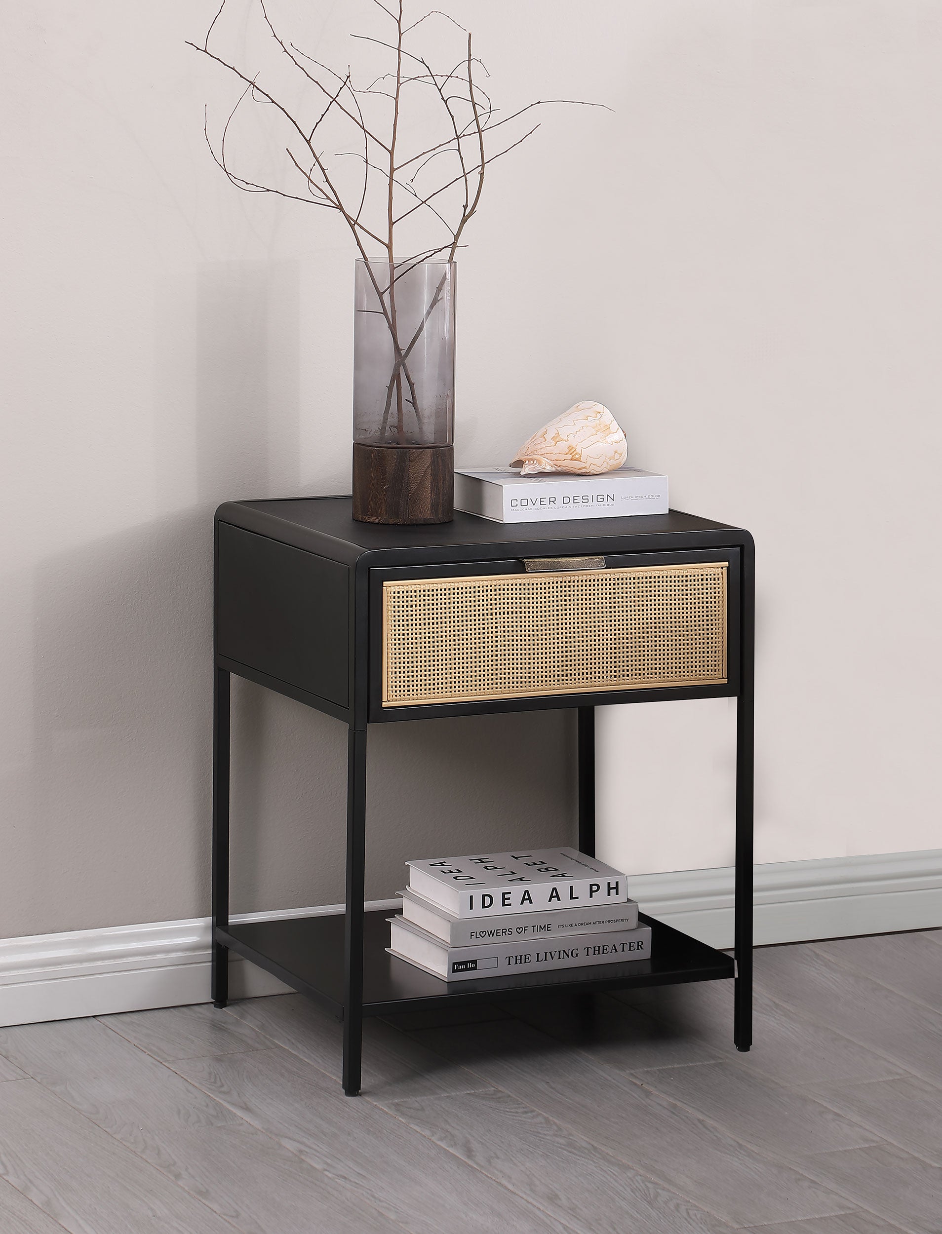 Amherst 1-drawer Radio Weave Cane Metal Bedside Table Black — view 2