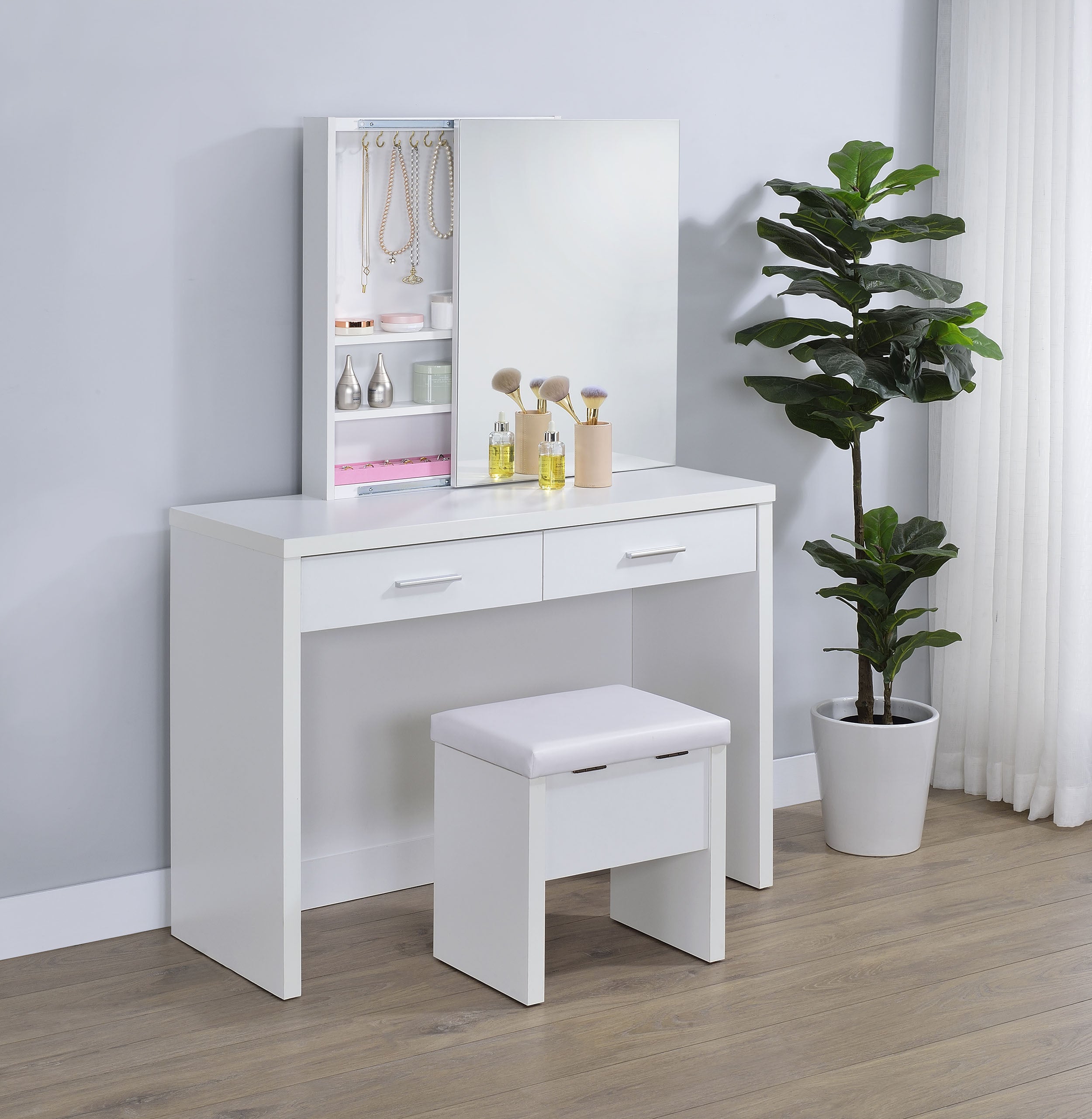Bunbury Makeup Vanity Table Set Storage Mirror and Stool White — view 3