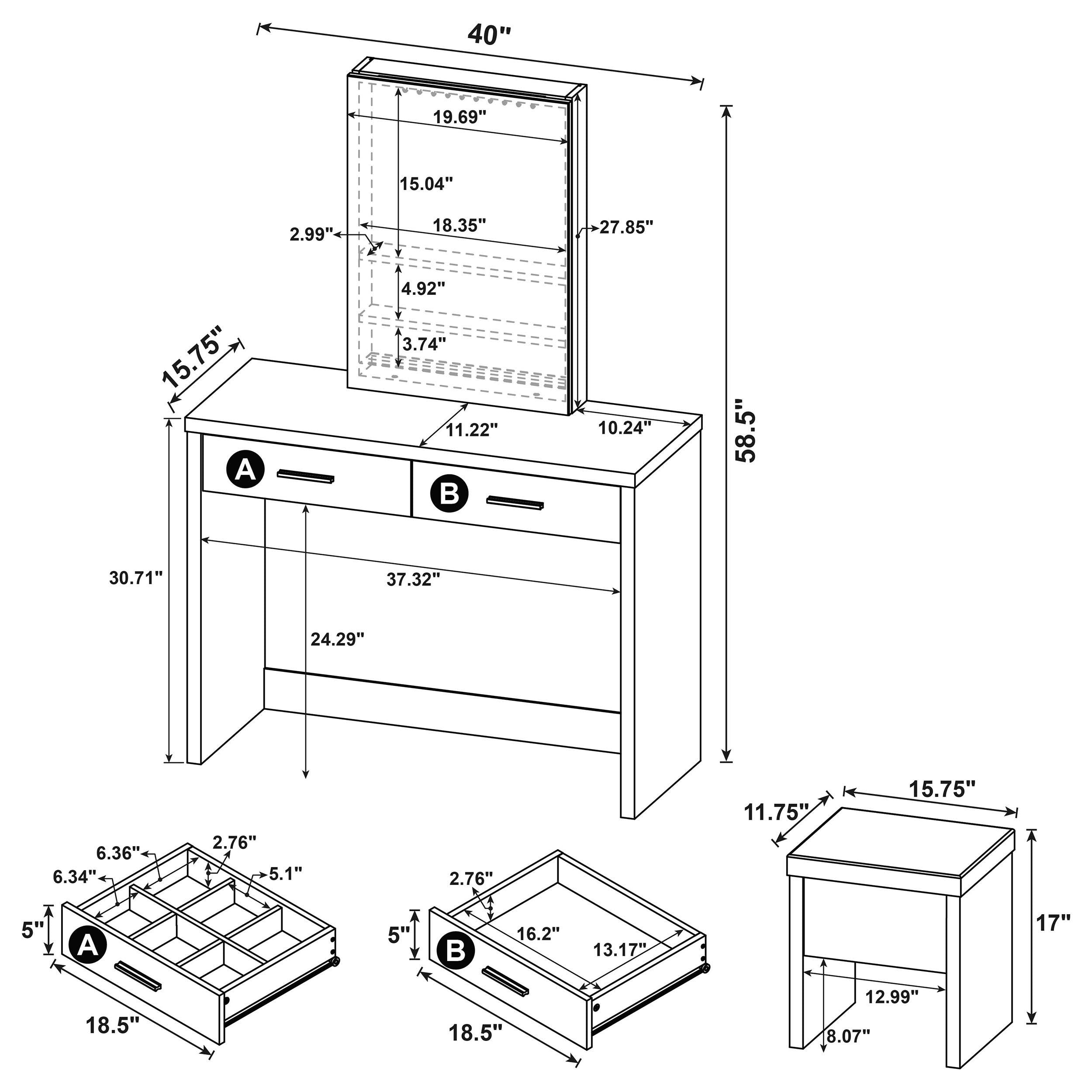 Bunbury Makeup Vanity Table Set Storage Mirror and Stool White — view 20