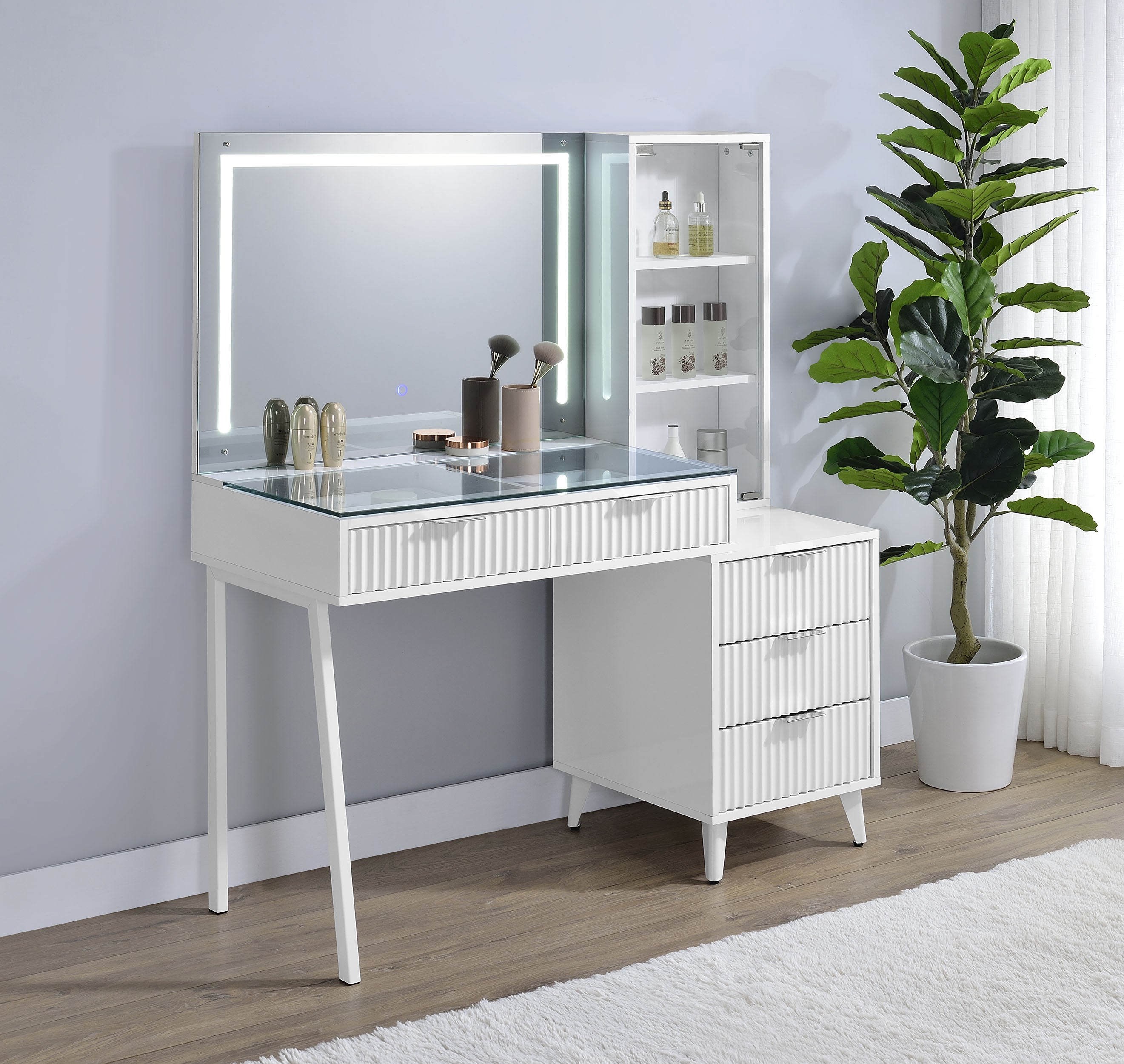 Souza 5-Drawer Makeup Vanity Table With LED Mirror White High Gloss — view 3