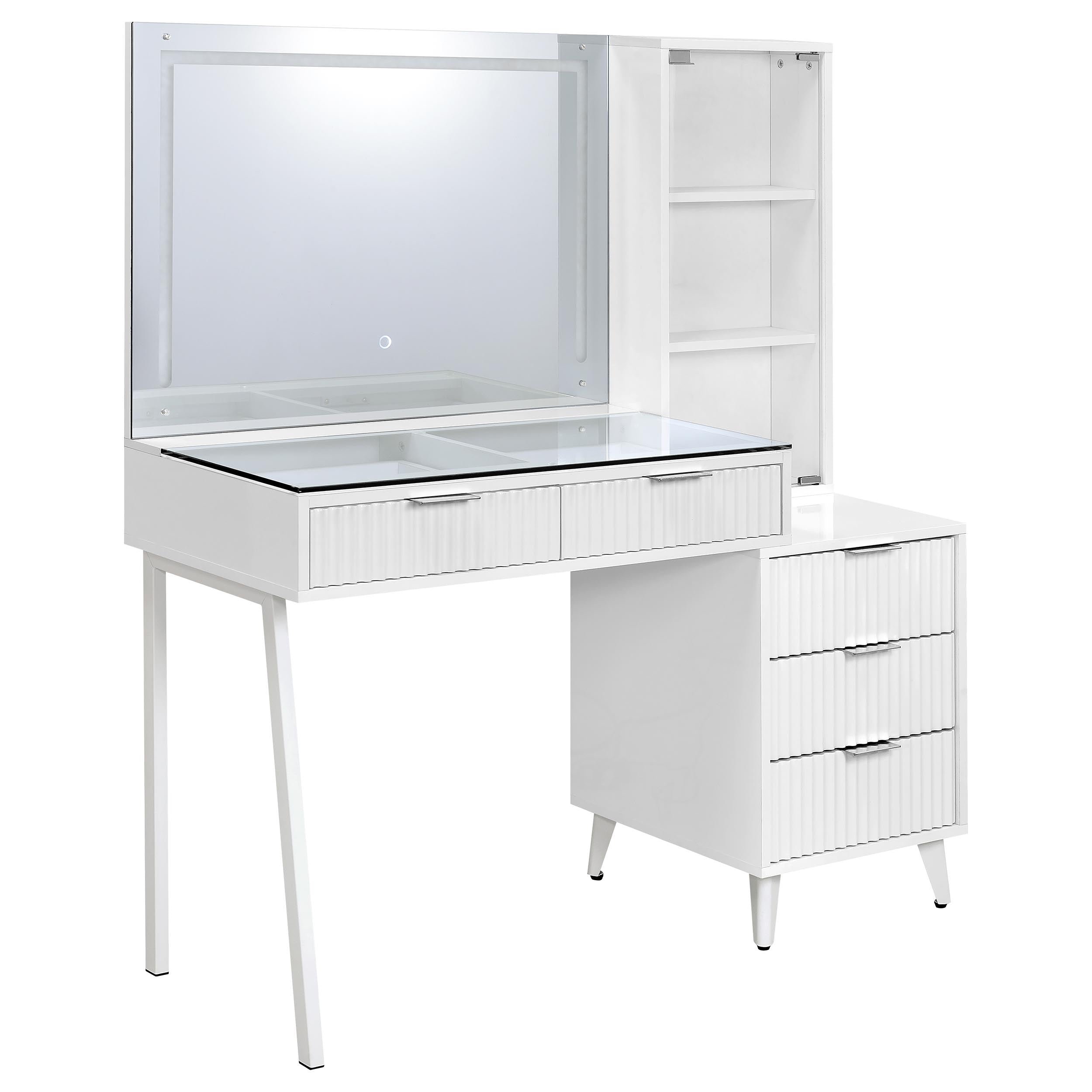 Souza 5-Drawer Makeup Vanity Table With LED Mirror White High Gloss — view 1