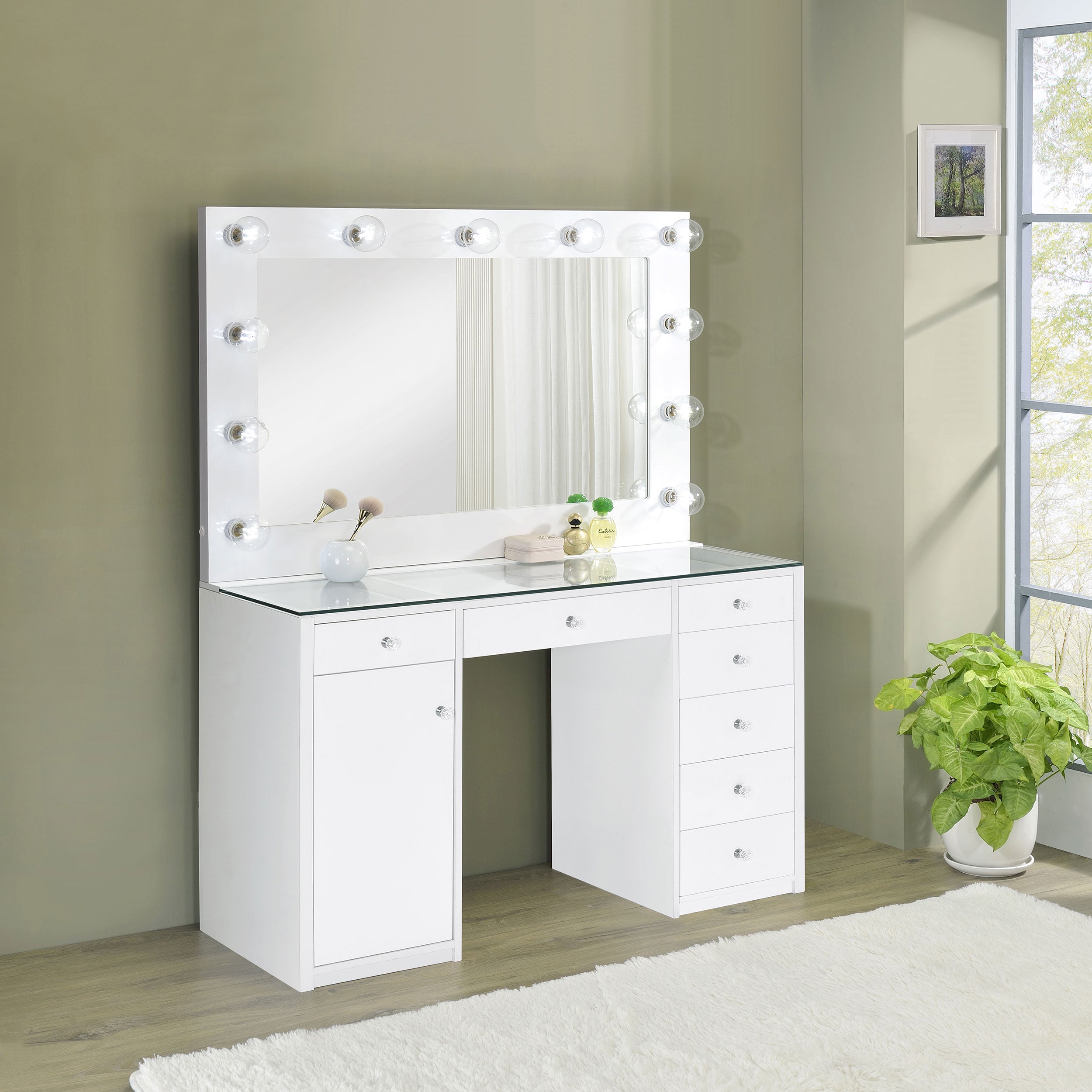 Acena 7-drawer Vanity Set with Lighting White High Gloss — view 2