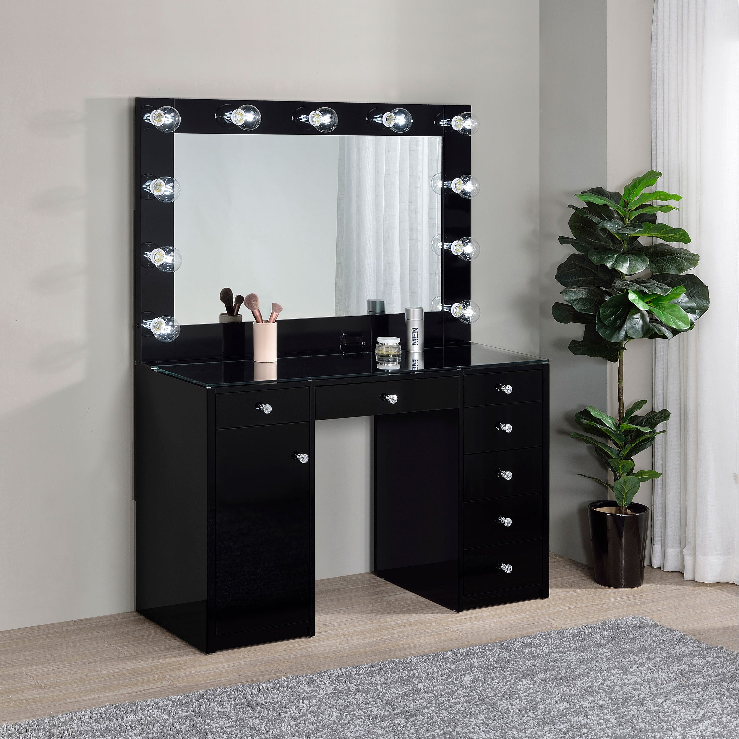 Acena 7-drawer Vanity Set with Lighting Black High Gloss — view 3