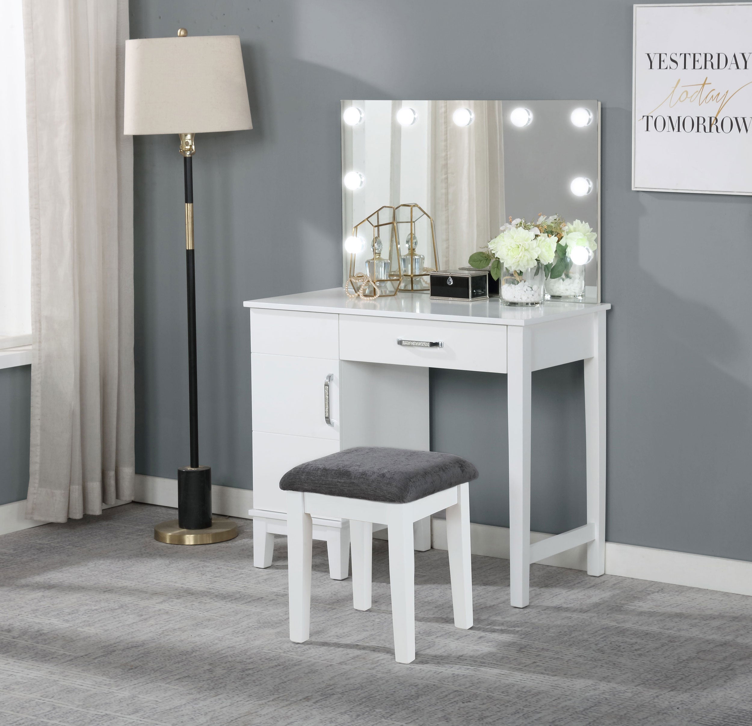 Elijah Vanity Set with Lighting & Stool White and Dark Grey — view 2