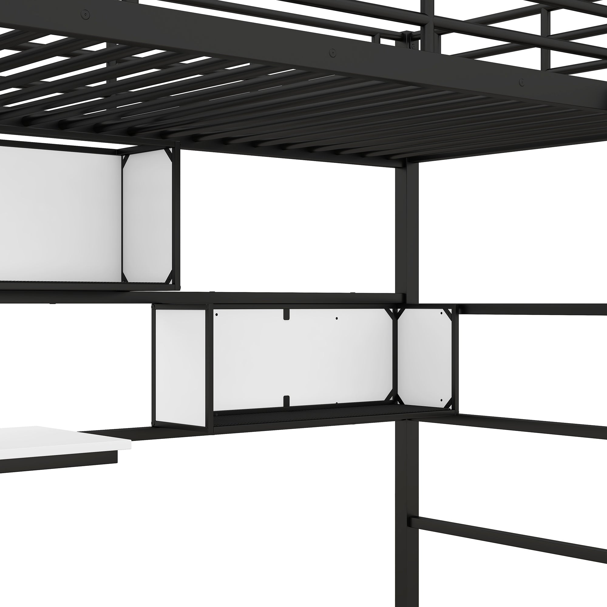 Twin Size Metal Loft Bed with 2 Shelves, a desk and a Hanging Clothes Rack, Black and White - Atlantic Fine Furniture Melbourne FL