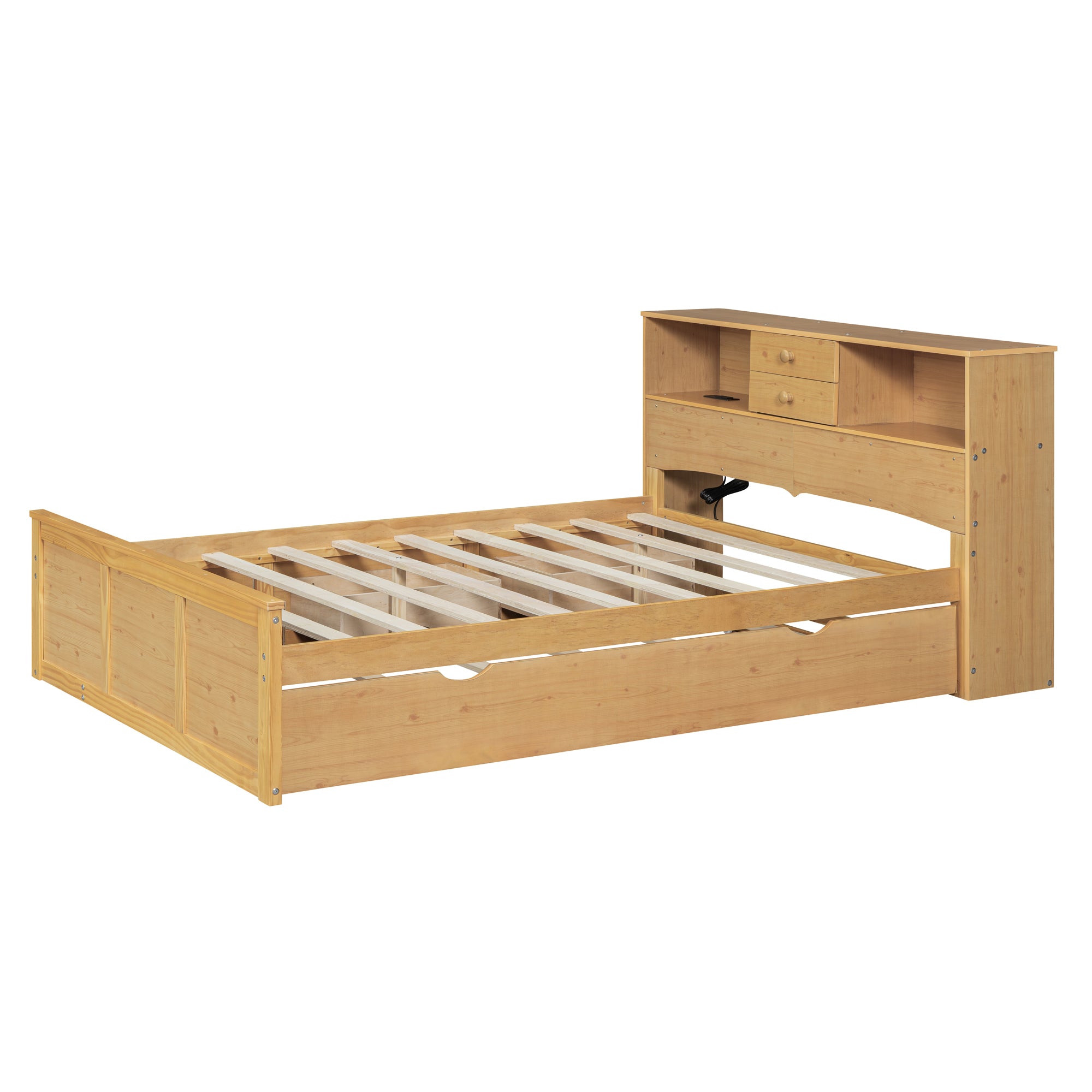 Full Size Wood Pltaform Bed with Twin Size Trundle, 3 Drawers, Upper Shelves and a set of USB Ports & Sockets, Natural - Atlantic Fine Furniture Melbourne FL