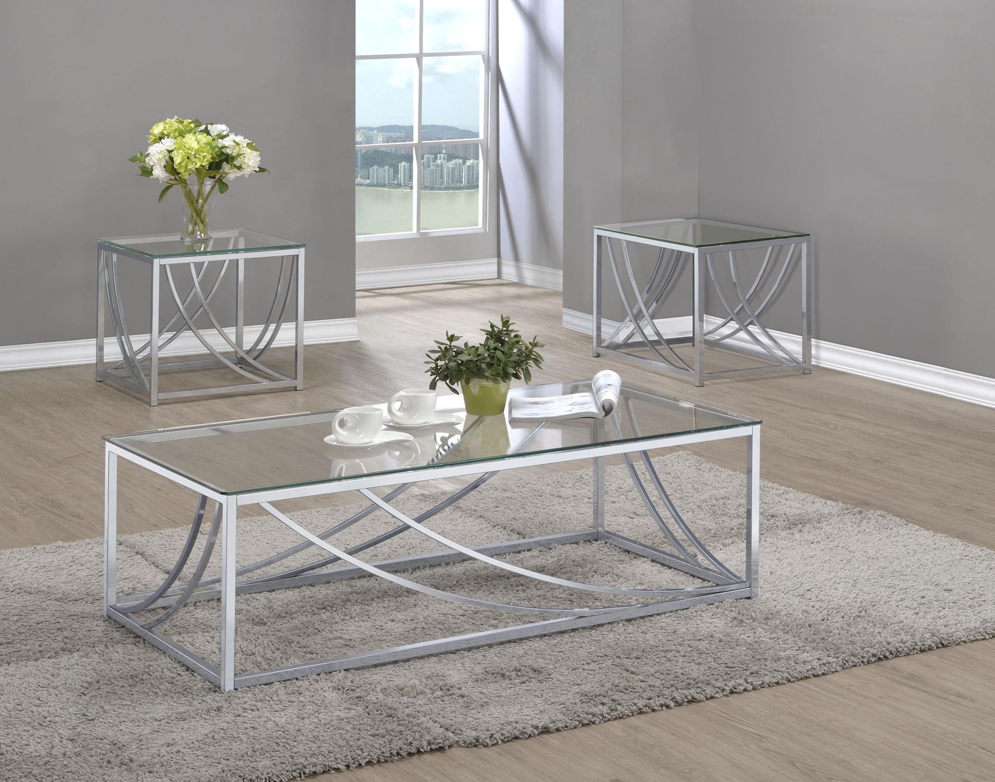 Lille 3-piece Glass Top Coffee And End Table Set Chrome - Atlantic Fine Furniture Melbourne FL