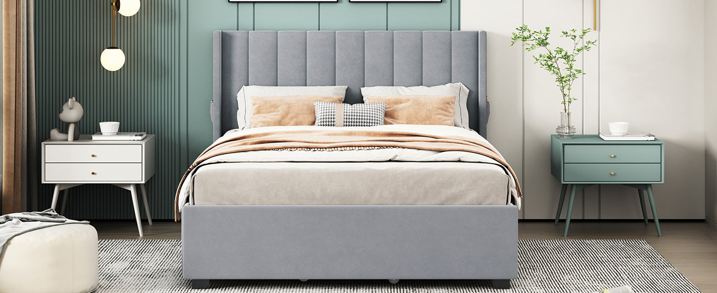 Full Size Upholstered Bed with 4 Drawers, Gray - Atlantic Fine Furniture Melbourne FL