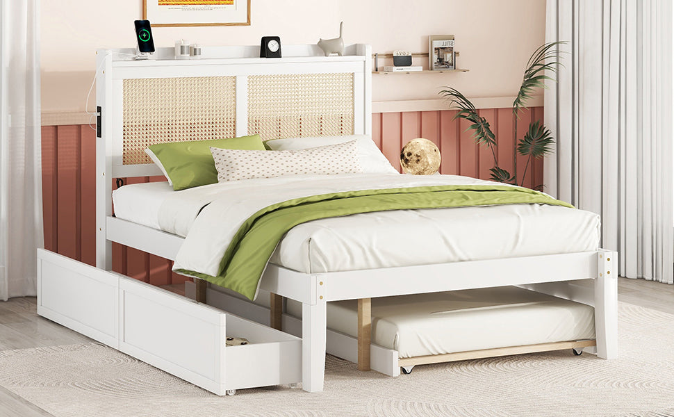 Full Size Elegant Bed Frame with Rattan Headboard and Sockets ,White - Atlantic Fine Furniture Melbourne FL