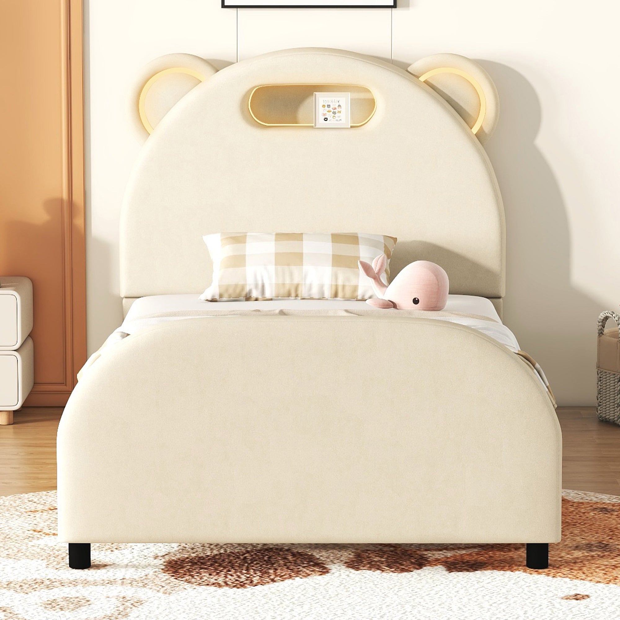 Twin Size Upholstered Platform Bed with Bear-Shaped Headboard and Embedded Light Stripe, Velvet, Beige - Atlantic Fine Furniture Melbourne FL