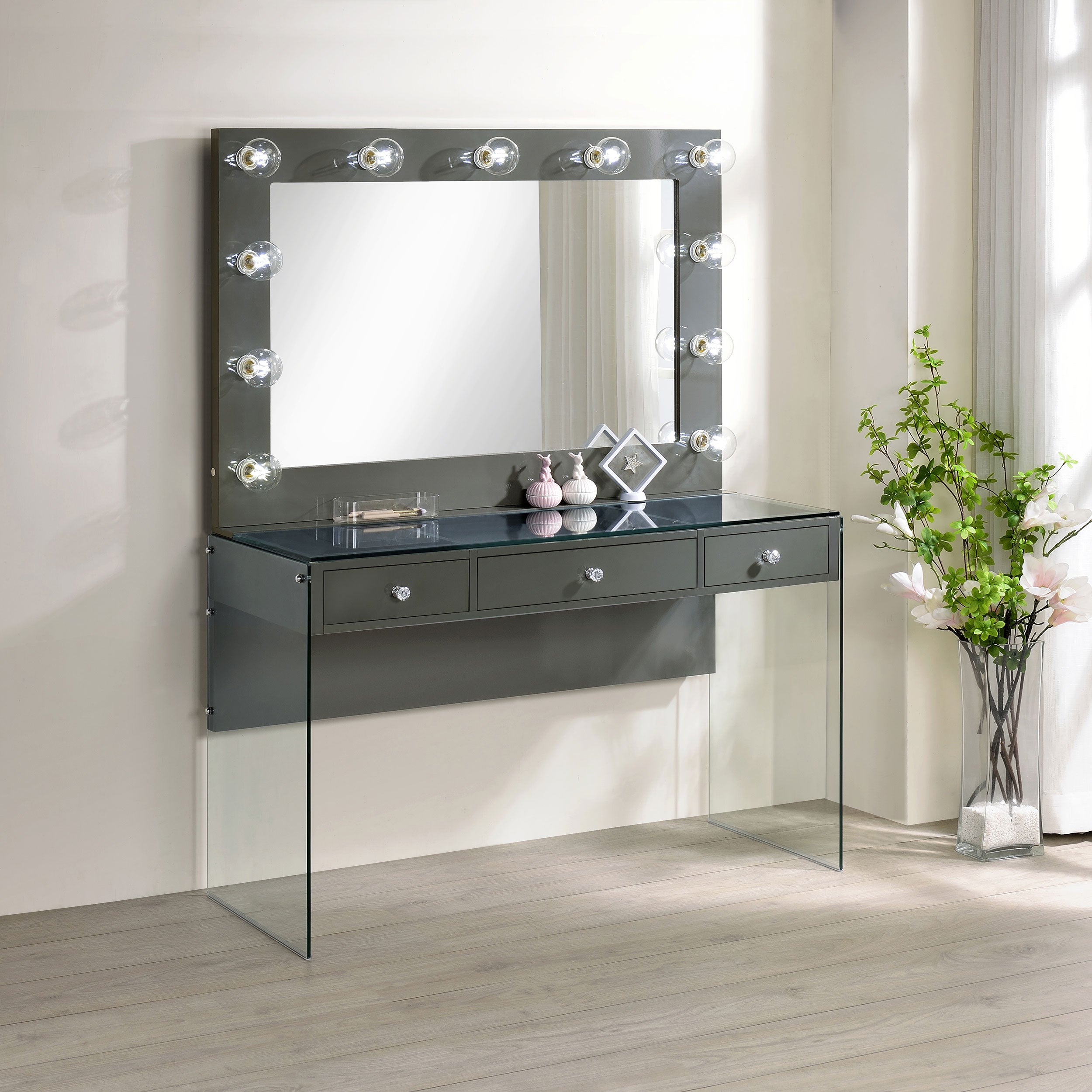 Afshan 3-drawer Vanity Set with Lighting Grey High Gloss — view 2
