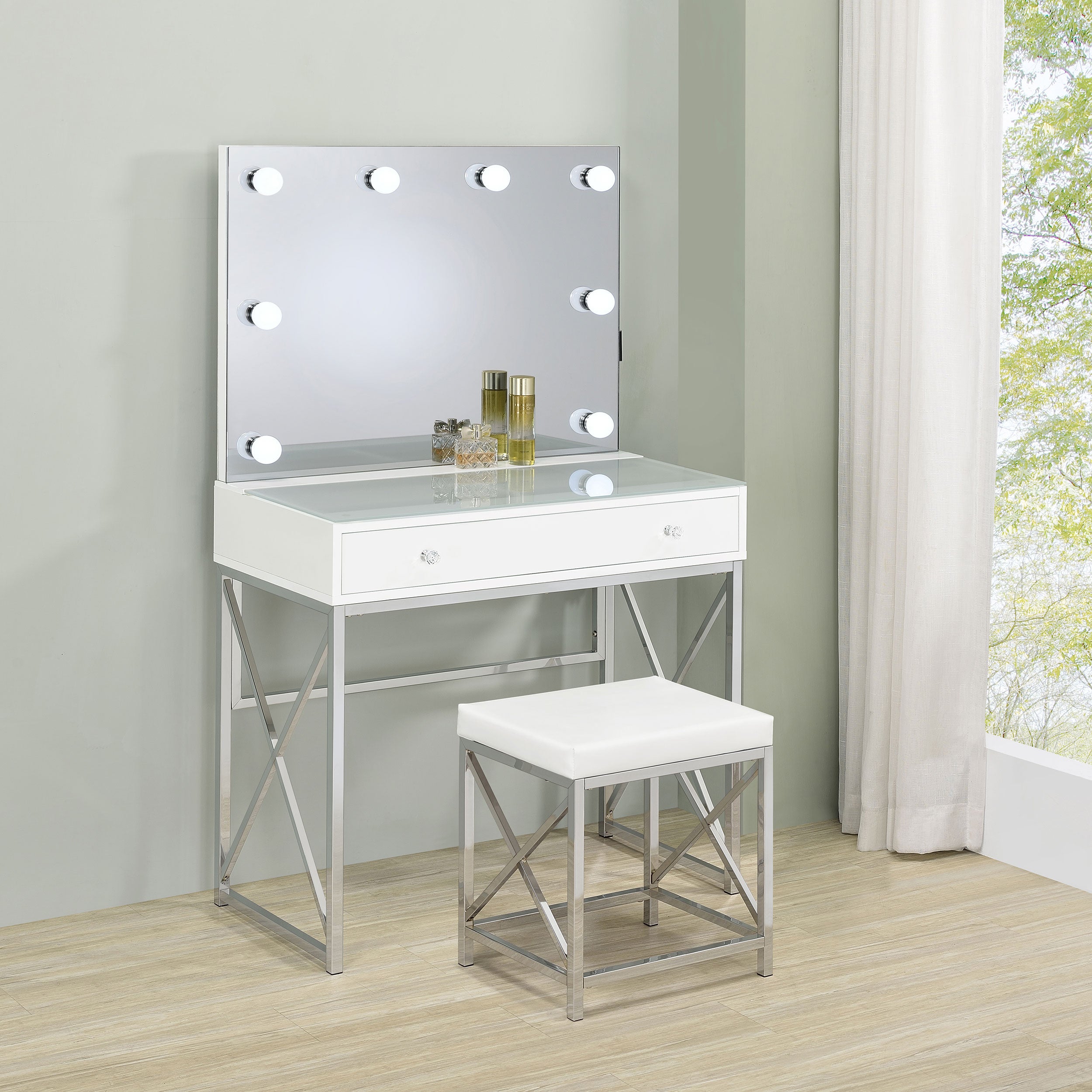 Eliza Vanity Set with Lighting & Stool White and Chrome — view 2