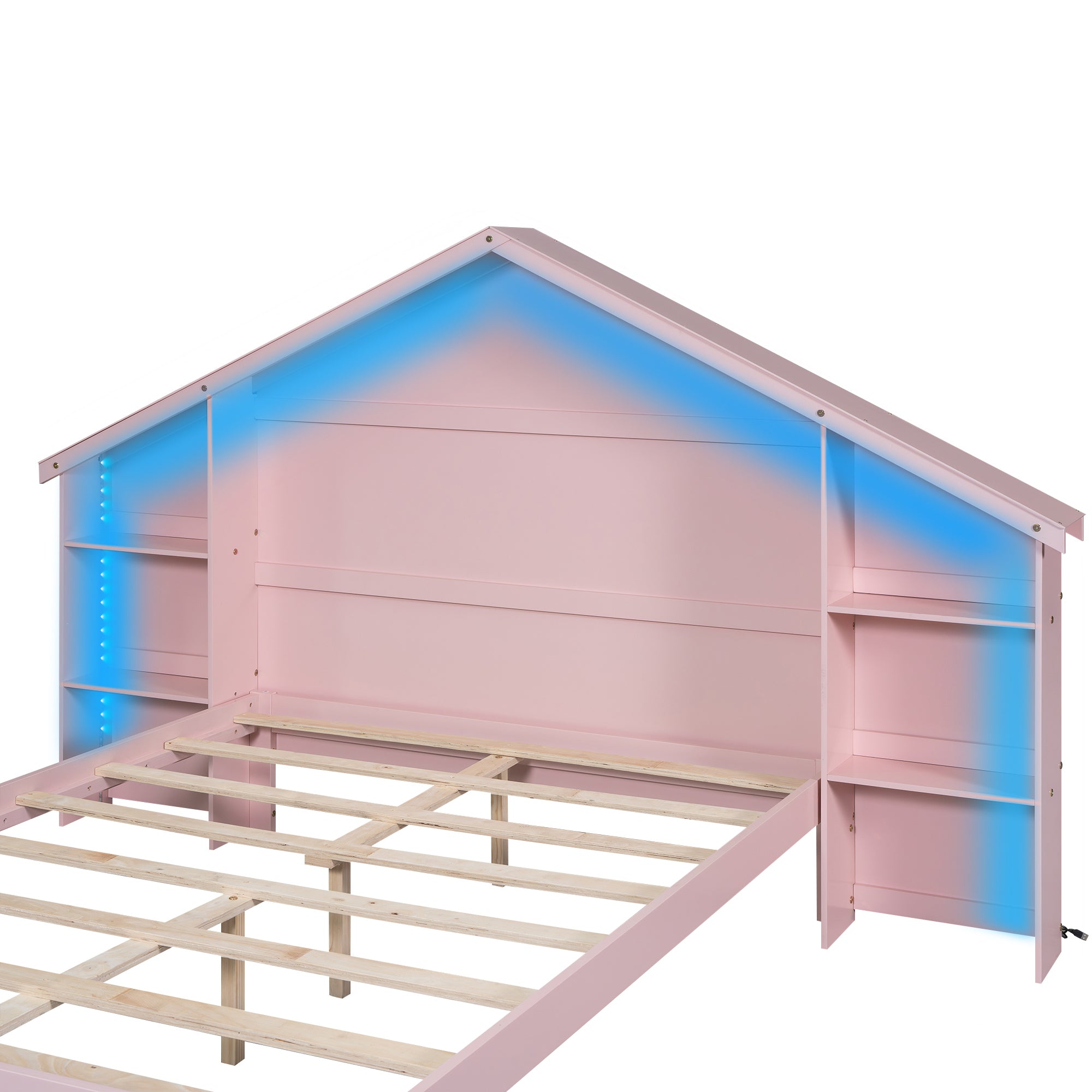 Wood Full Size Platform Bed with House-shaped Storage Headboard and Built-in LED, Pink - Atlantic Fine Furniture Melbourne FL