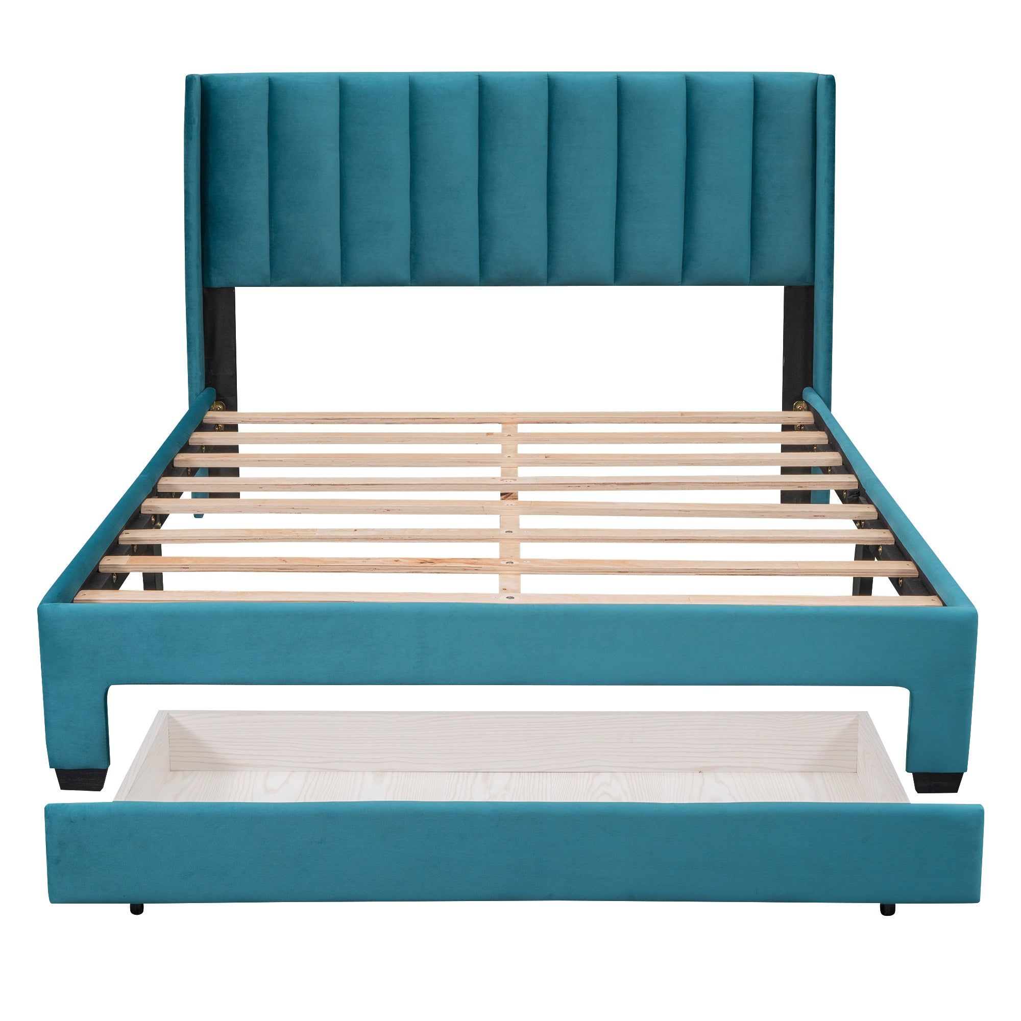Queen Size Storage Bed Velvet Upholstered Platform Bed with a Big Drawer - Blue - Atlantic Fine Furniture Melbourne FL