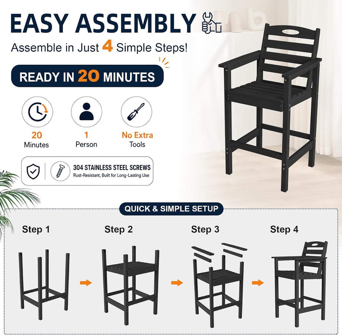 Crefise Tall Adirondack Bar Chairs, Set of 2 - Black