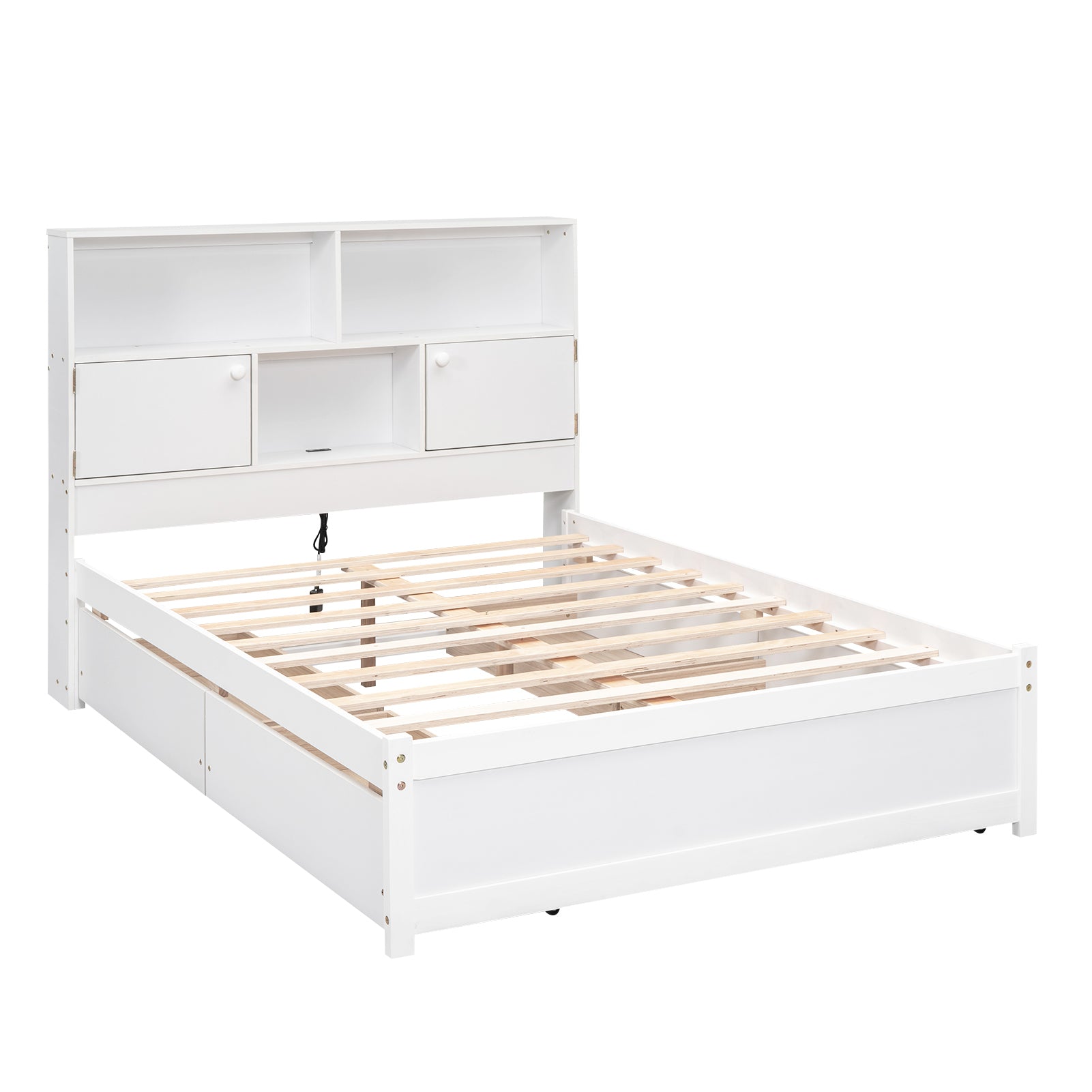 Full Size Platform Bed with Storage Headboard, Charging Station and 4 Drawers, White - Atlantic Fine Furniture Melbourne FL