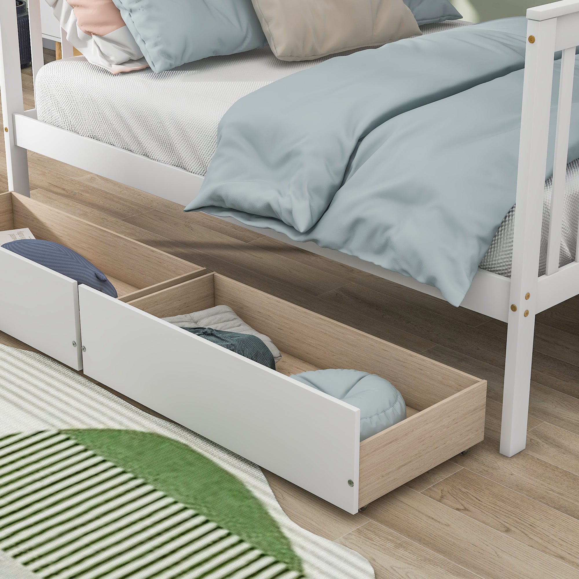 Twin Over Full Bunk Bed with 2 Drawers and Staircases, Convertible into 2 Beds, the Bunk Bed with Staircase and Safety Rails for Kids, Teens, Adults, White - Atlantic Fine Furniture Melbourne FL