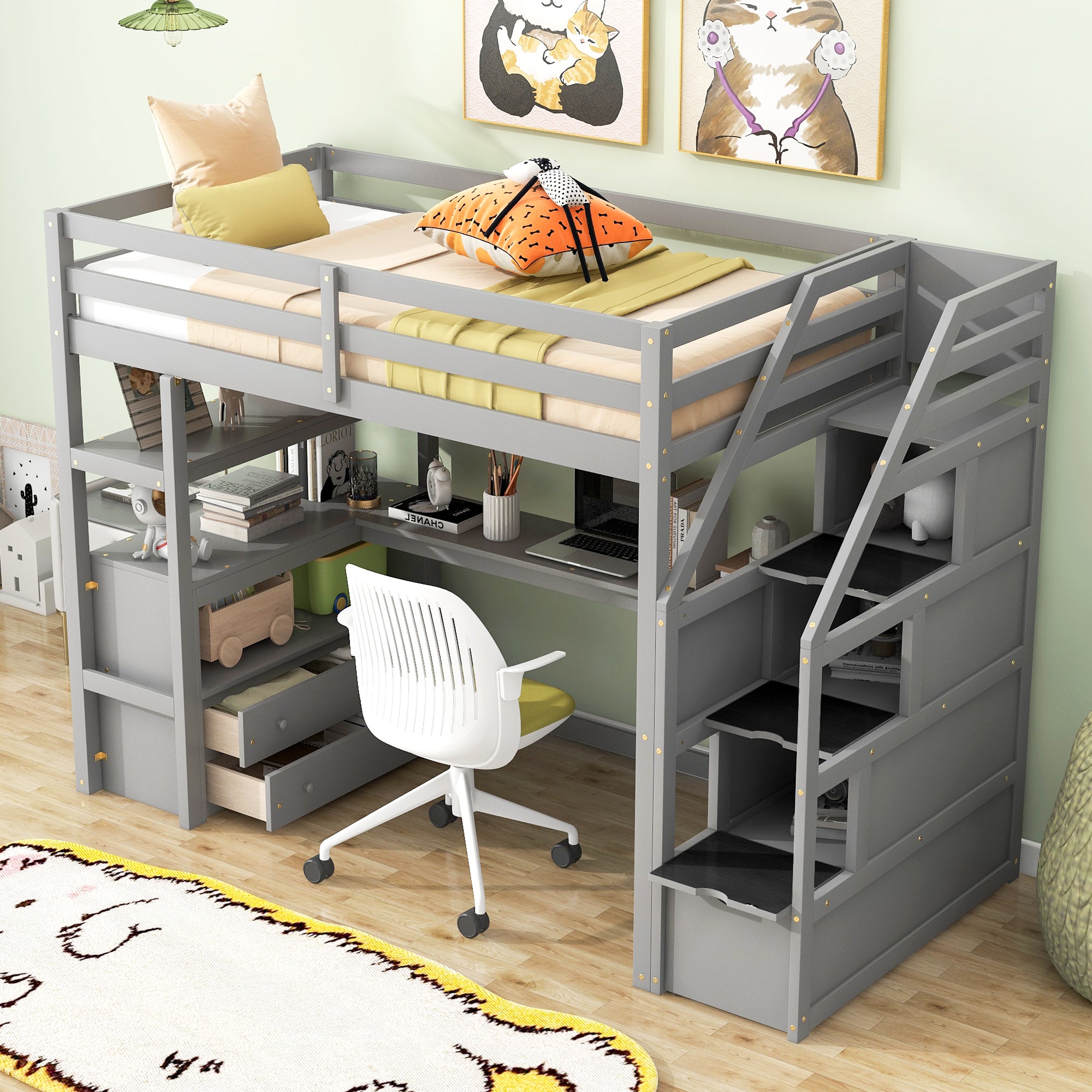 Twin Size Loft Bed with Desk and Shelves, Two Built-in Drawers, Storage Staircase, Gray - Atlantic Fine Furniture Melbourne FL
