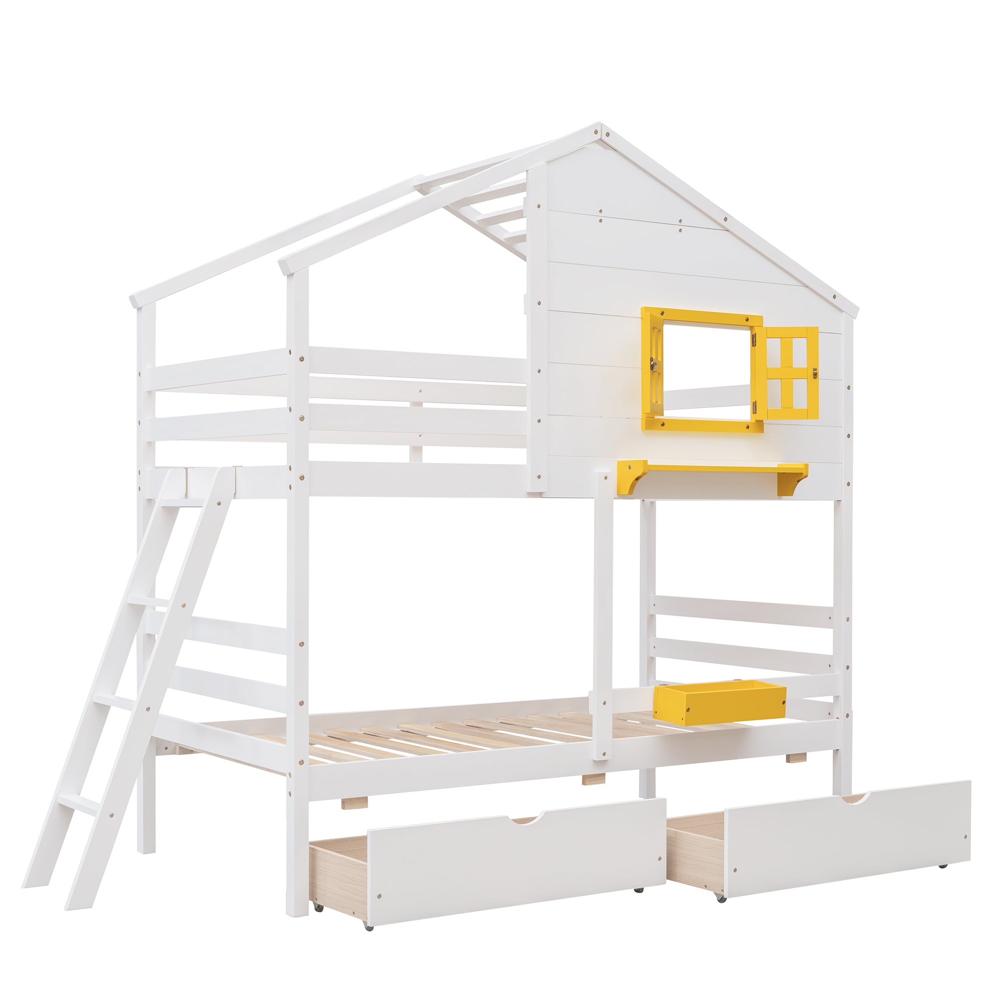 Twin over Twin Bunk Bed with 2 Drawers, 1 Storage Box, 1 Shelf, Window and Roof-White(OLD SKU:LT000608AAK) - Atlantic Fine Furniture Melbourne FL