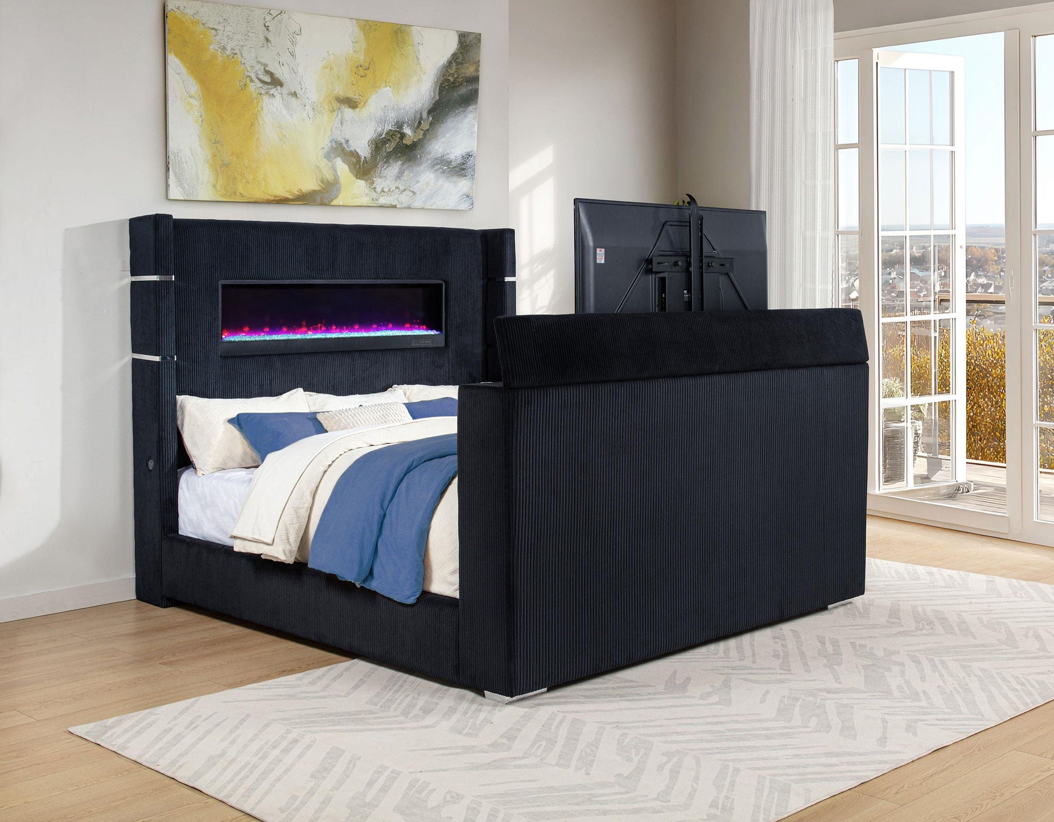 Tisdall Eastern King Flame Visualizer Wingback TV Bed Black