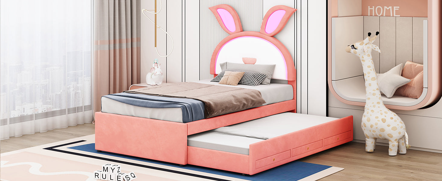 Twin Size Upholstered Platform Bed with Trundle and 3 Drawers, Rabbit-Shaped Headboard with Embedded LED Lights, Pink - Atlantic Fine Furniture Melbourne FL