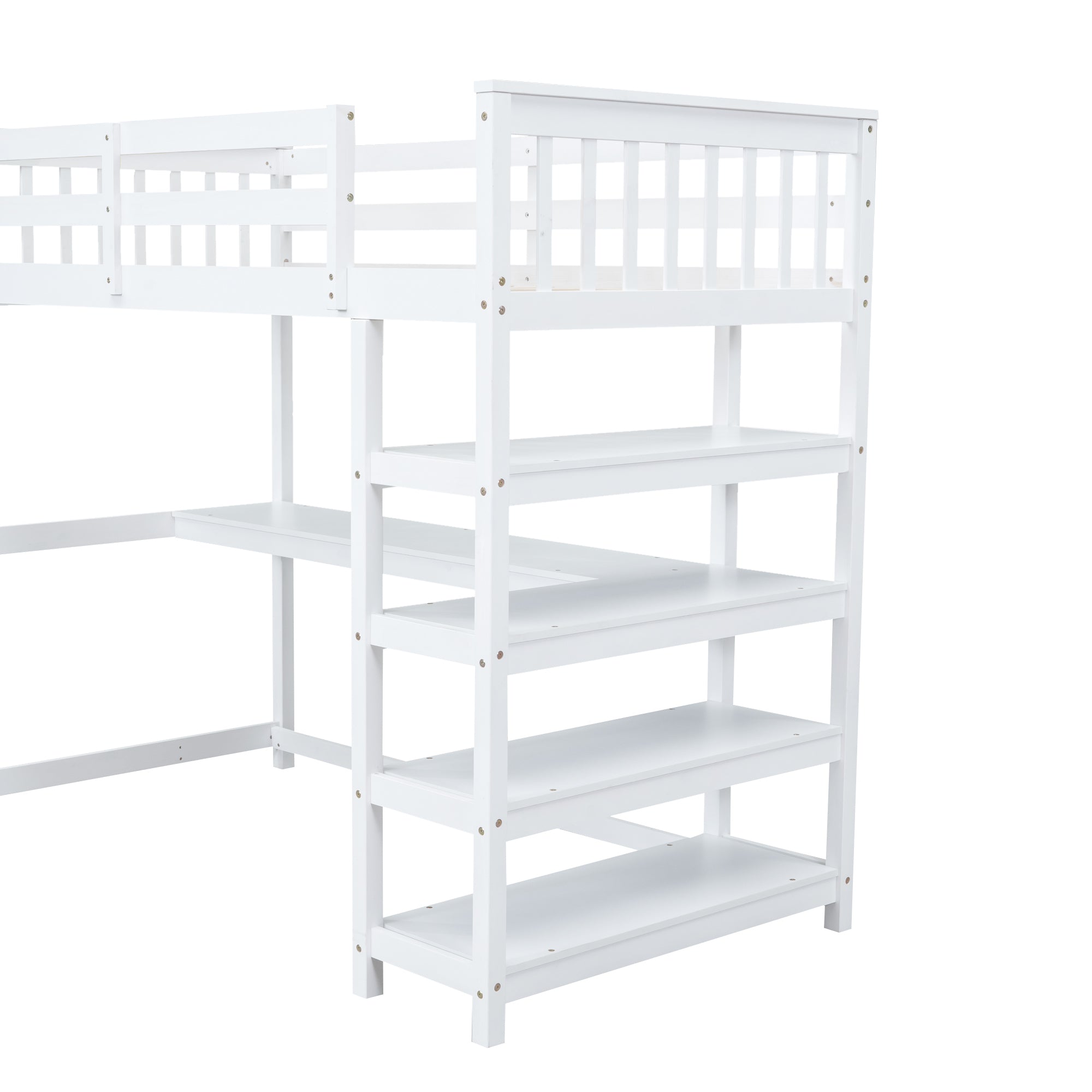 Twin Size Loft Bed with Storage Shelves and Under-bed Desk, White
