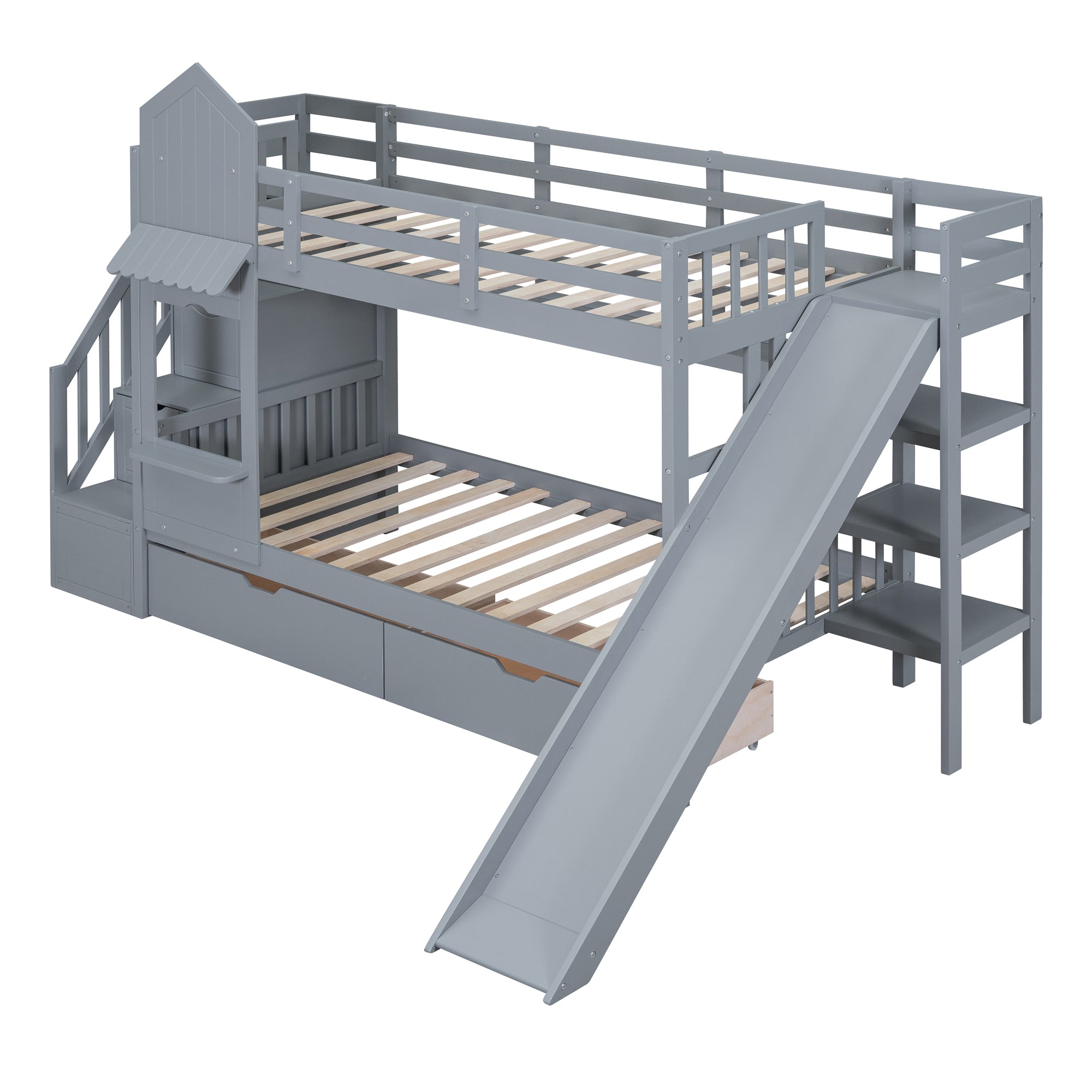 Twin-Over-Twin Castle Style Bunk Bed with 2 Drawers 3 Shelves and Slide - Gray - Atlantic Fine Furniture Melbourne FL