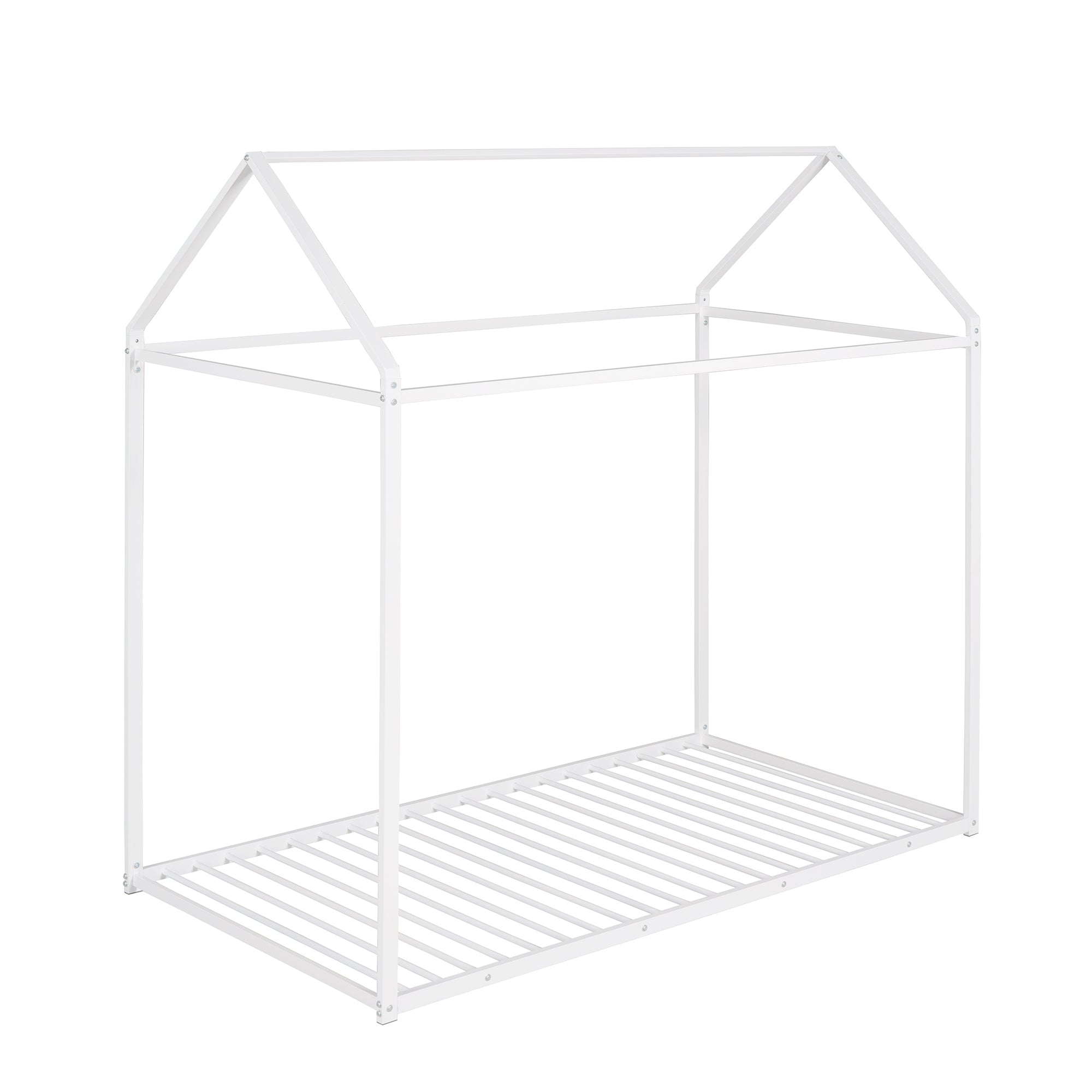 House Bed Frame Twin Size , Kids Bed Frame Metal Platform Bed Floor Bed for Kids Boys Girls No Box Spring Needed White