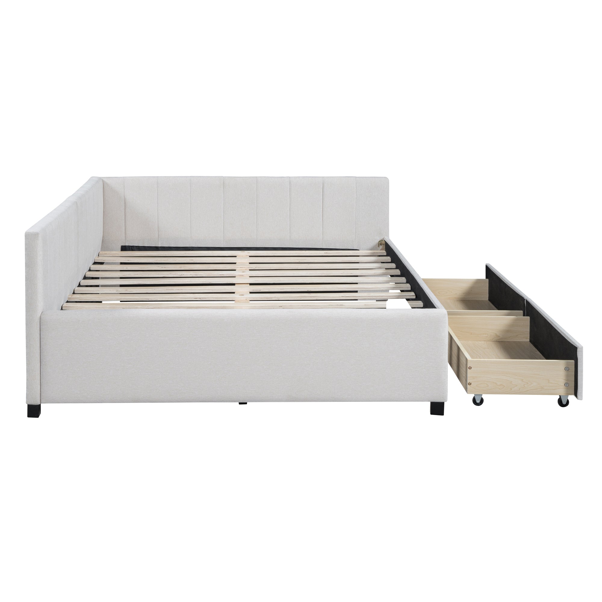 Full Size Upholstered Daybed with 2 Storage Drawers Sofa Bed Frame No Box Spring Needed, Linen Fabric (Beige) - Atlantic Fine Furniture Melbourne FL