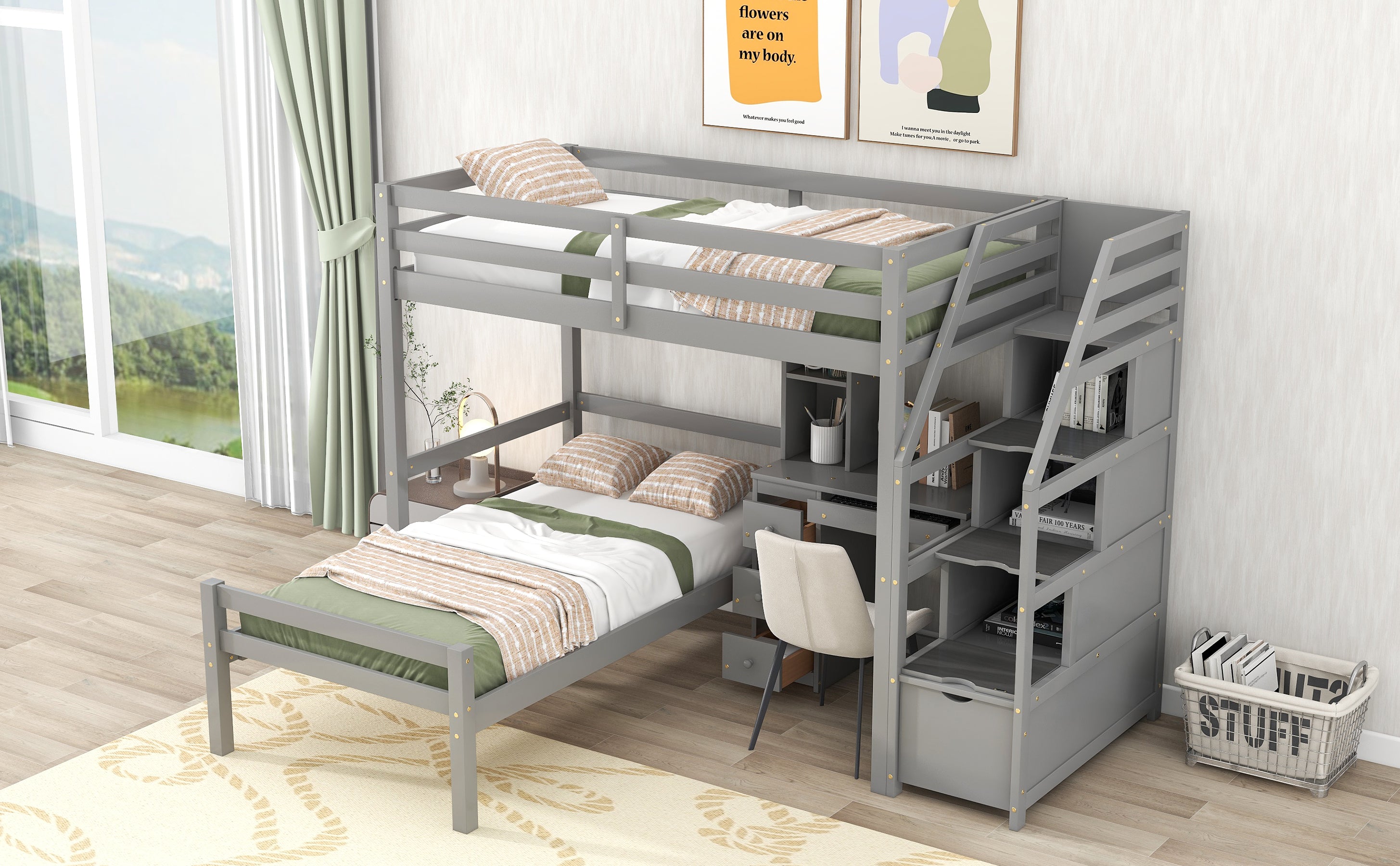 Twin Size Loft Bed with a Stand-alone Bed, Storage Staircase, Desk, Shelves and Drawers, Gray - Atlantic Fine Furniture Melbourne FL