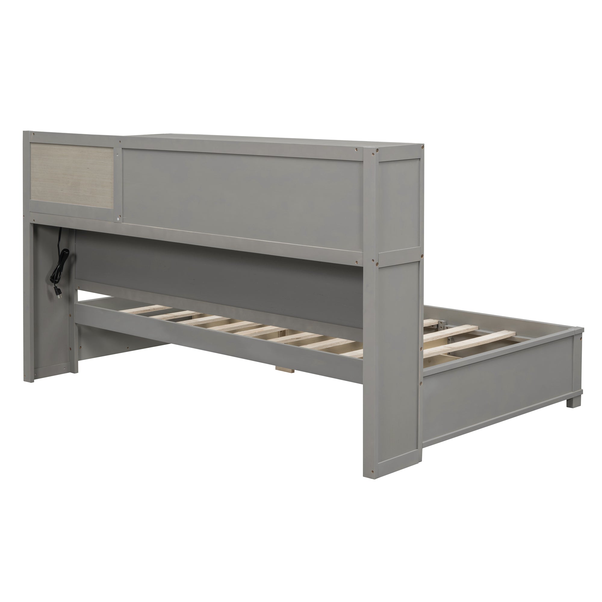 Twin Size Wooden Daybed with 3 Storage Drawers, Upper Soft Board, shelf, and a set of Sockets and USB Ports, Gray - Atlantic Fine Furniture Melbourne FL