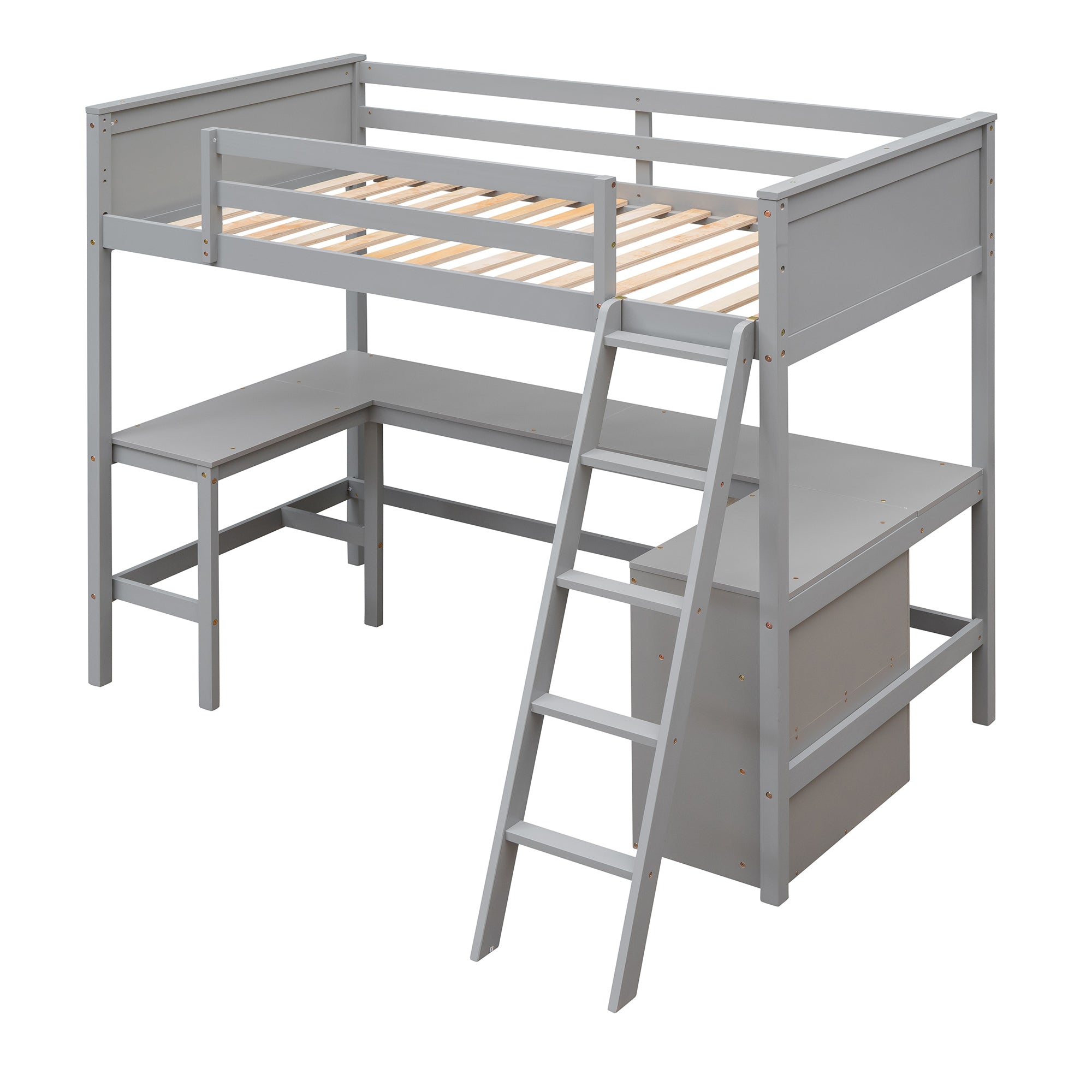 Twin size Loft Bed with Shelves and Desk, Wooden Loft Bed with Desk - Gray(OLD SKU:LT000537AAE) - Atlantic Fine Furniture Melbourne FL