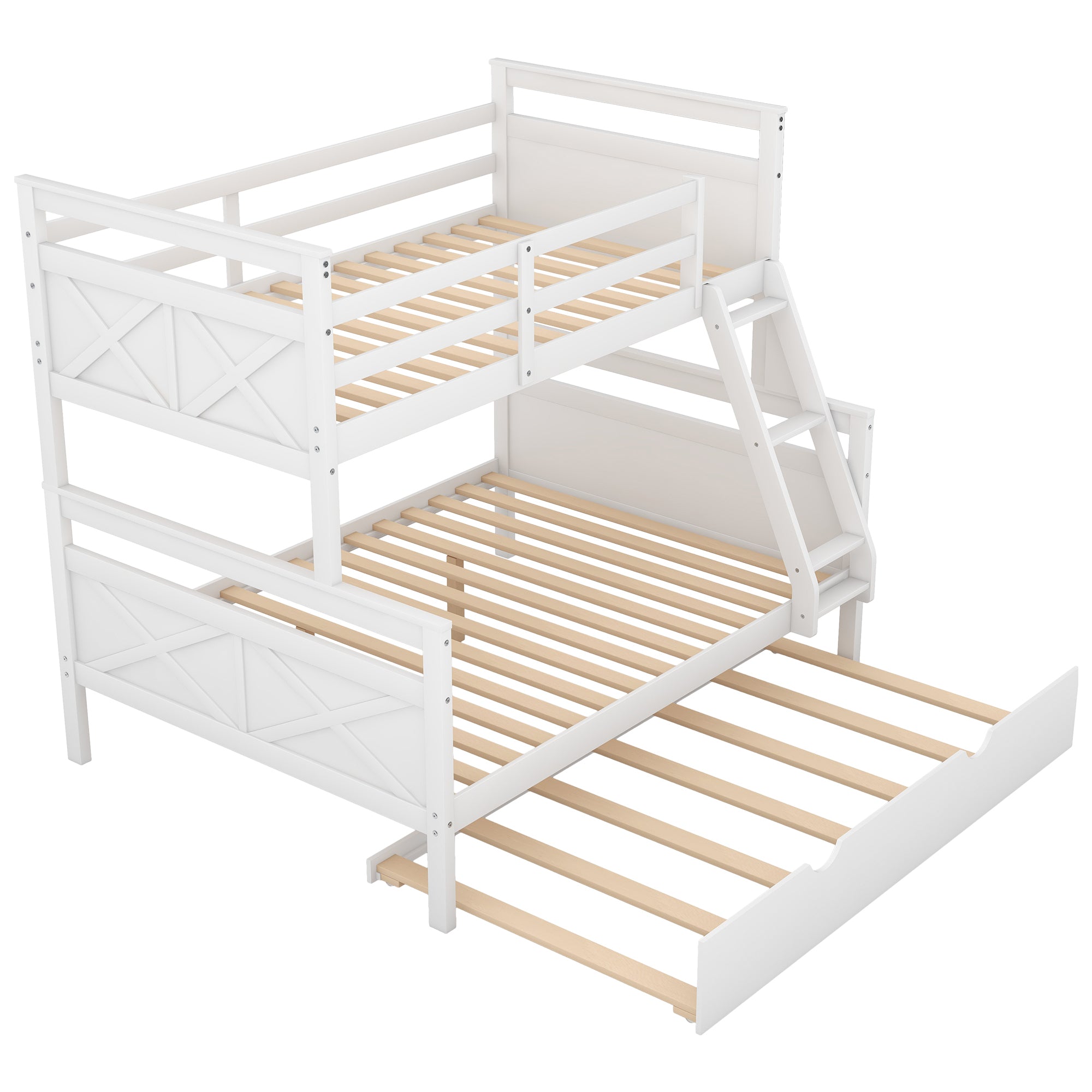 Twin over Full Bunk Bed with Ladder, Twin Size Trundle, Safety Guardrail, White(Old SKU: SM000208AAE-1)
