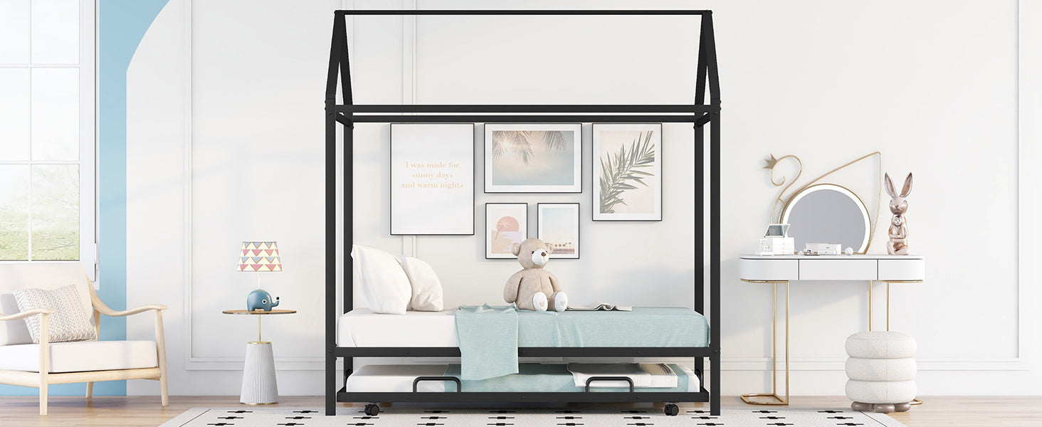 Twin Size Kids House Bed With Trundle, Metal House Bed Black - Atlantic Fine Furniture Melbourne FL