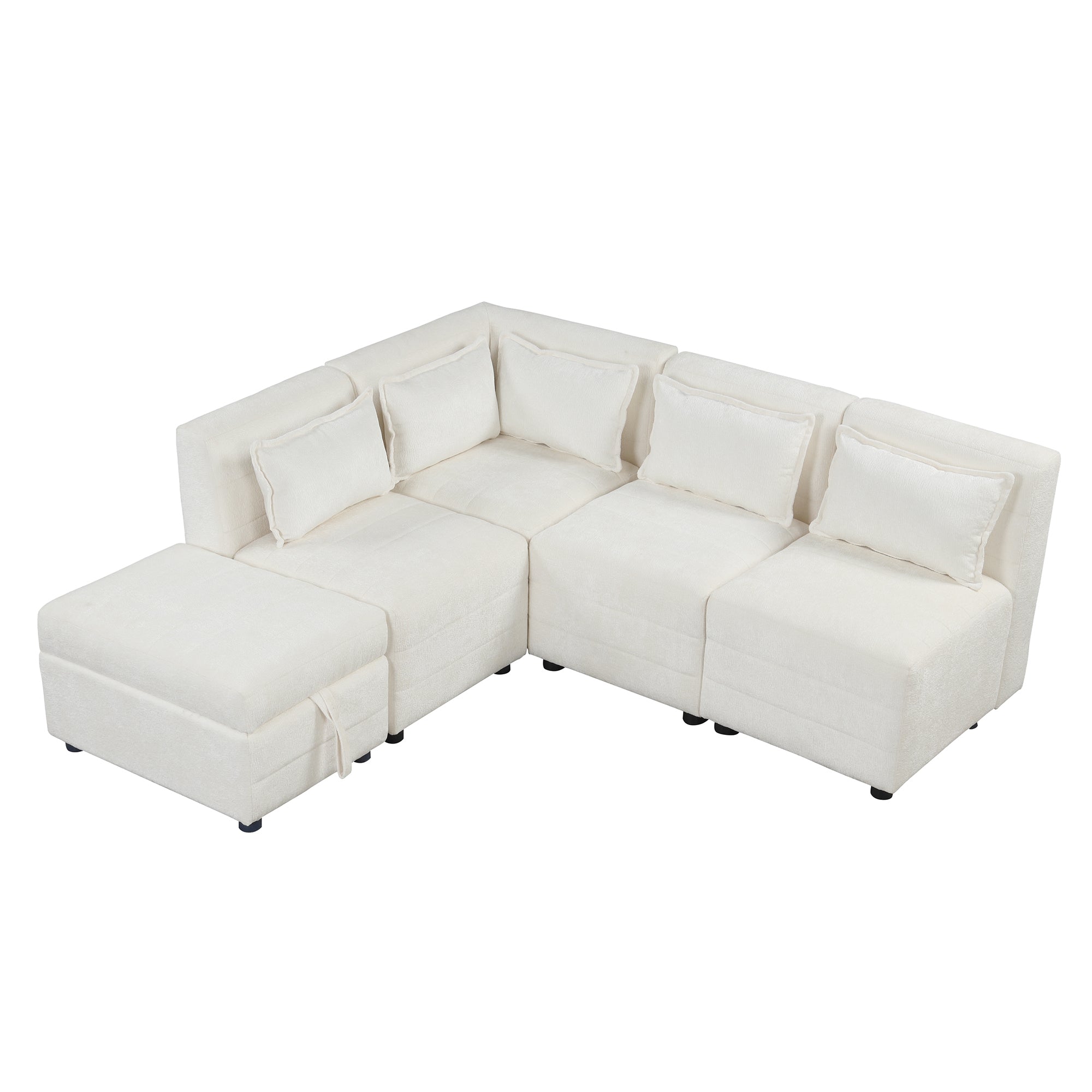 Free-Combined Sectional Sofa 5-seater Modular Couches with Storage Ottoman, 5 Pillows for Living Room, Bedroom, Office, Cream