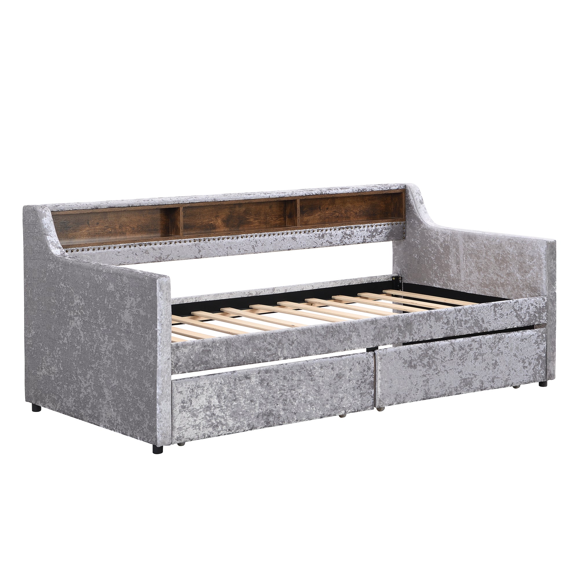 Twin Size Snowflake Velvet Daybed with Two Storage Drawers and Built-in Storage Shelves,Gray - Atlantic Fine Furniture Melbourne FL